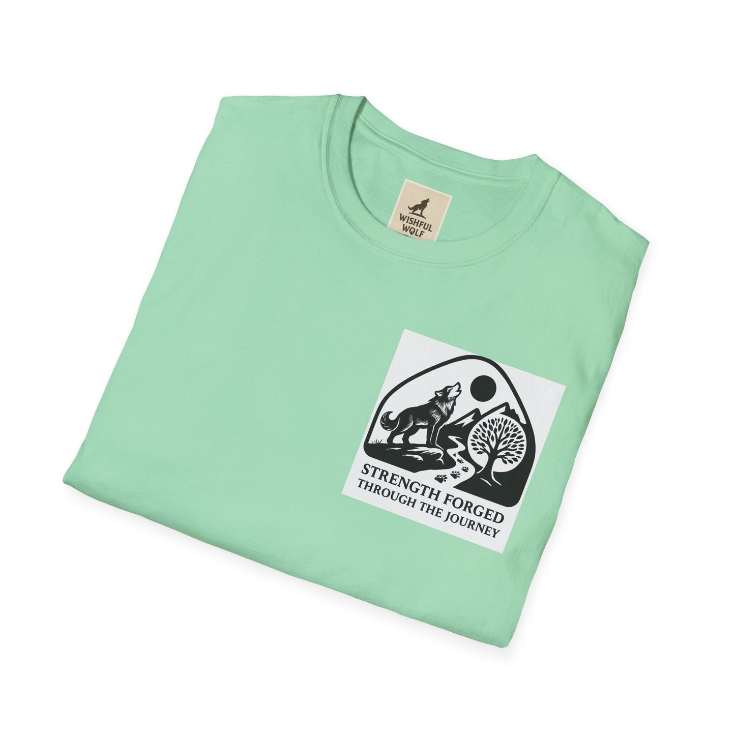 Welding Gift T-Shirt with "Strength Forged Through the Journey" graphic in mint green, ideal for metalworkers and welders.