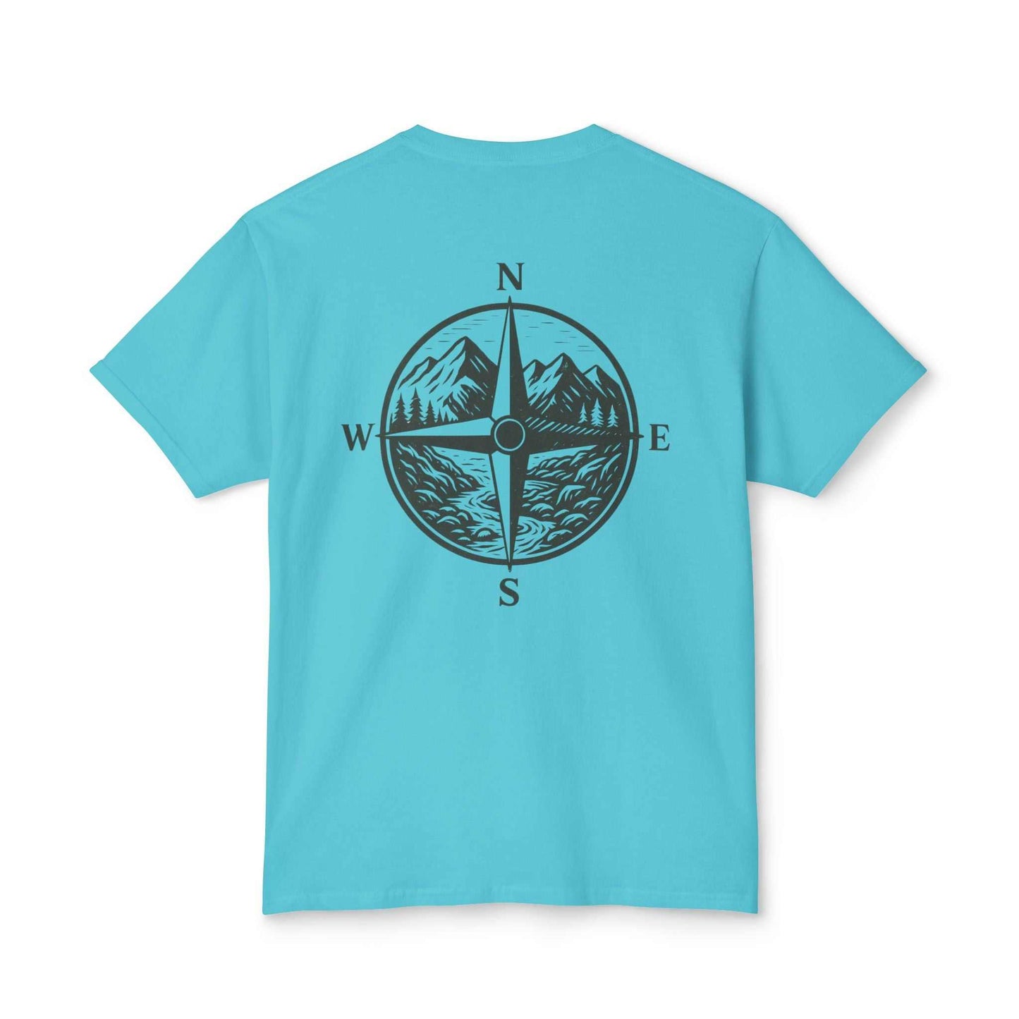Blue Montana Adventure Tee featuring a nature-inspired compass design on the back, ideal for outdoor enthusiasts and explorers.