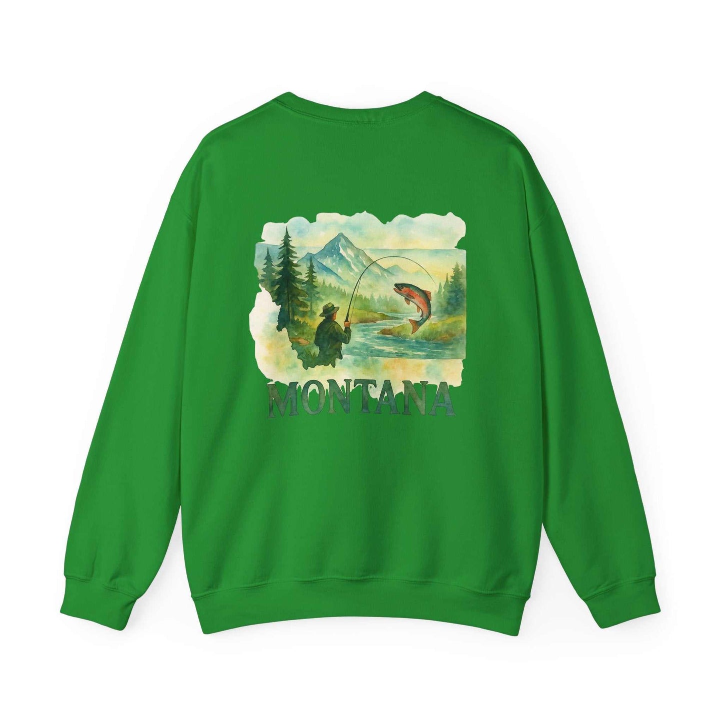 Green "Born to Fish Sweatshirt" with fishing-themed design, for anglers and outdoor enthusiasts.