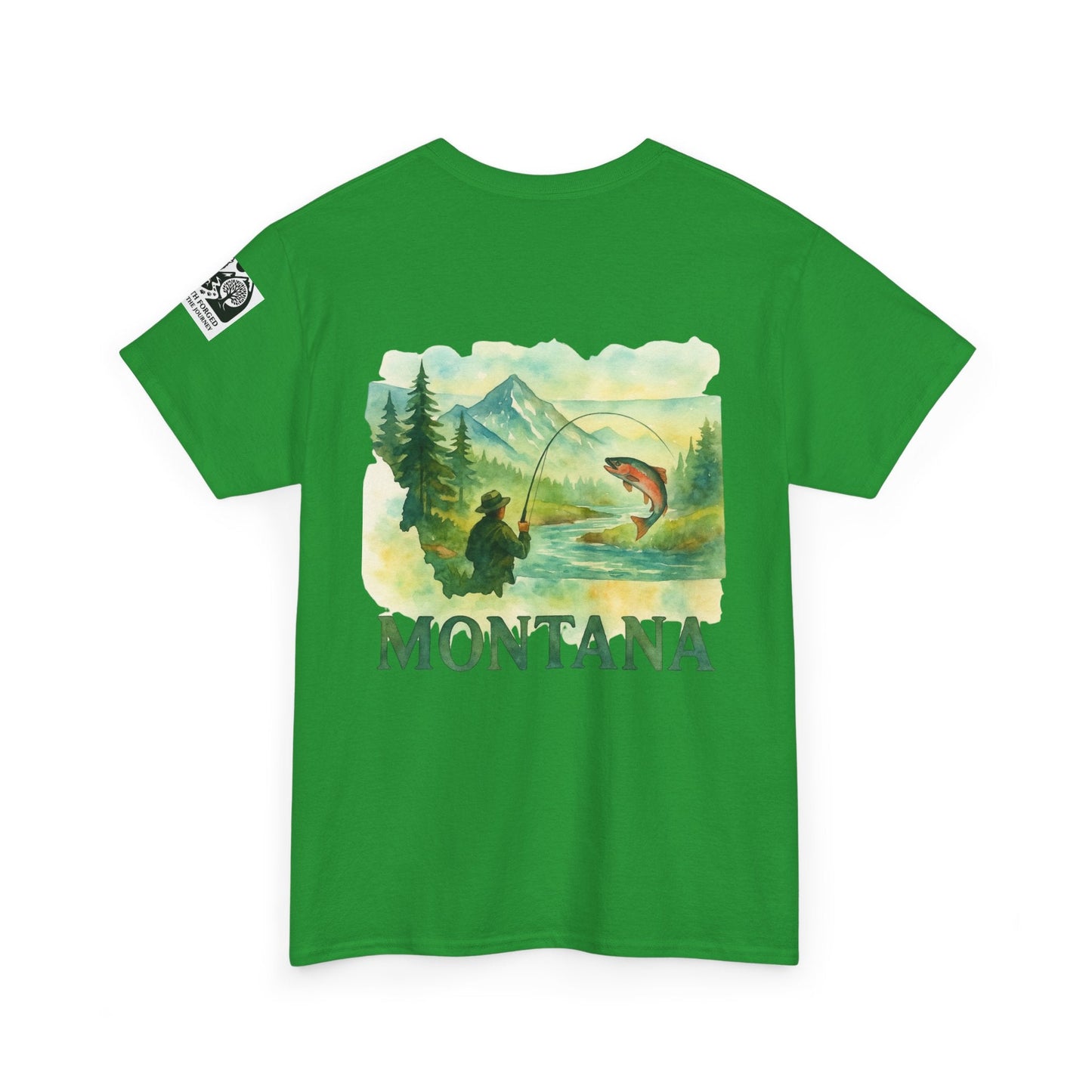 Green Montana Fishing Tee with "Born to Fish, Forced to Work" graphic, perfect for nature lovers and anglers.