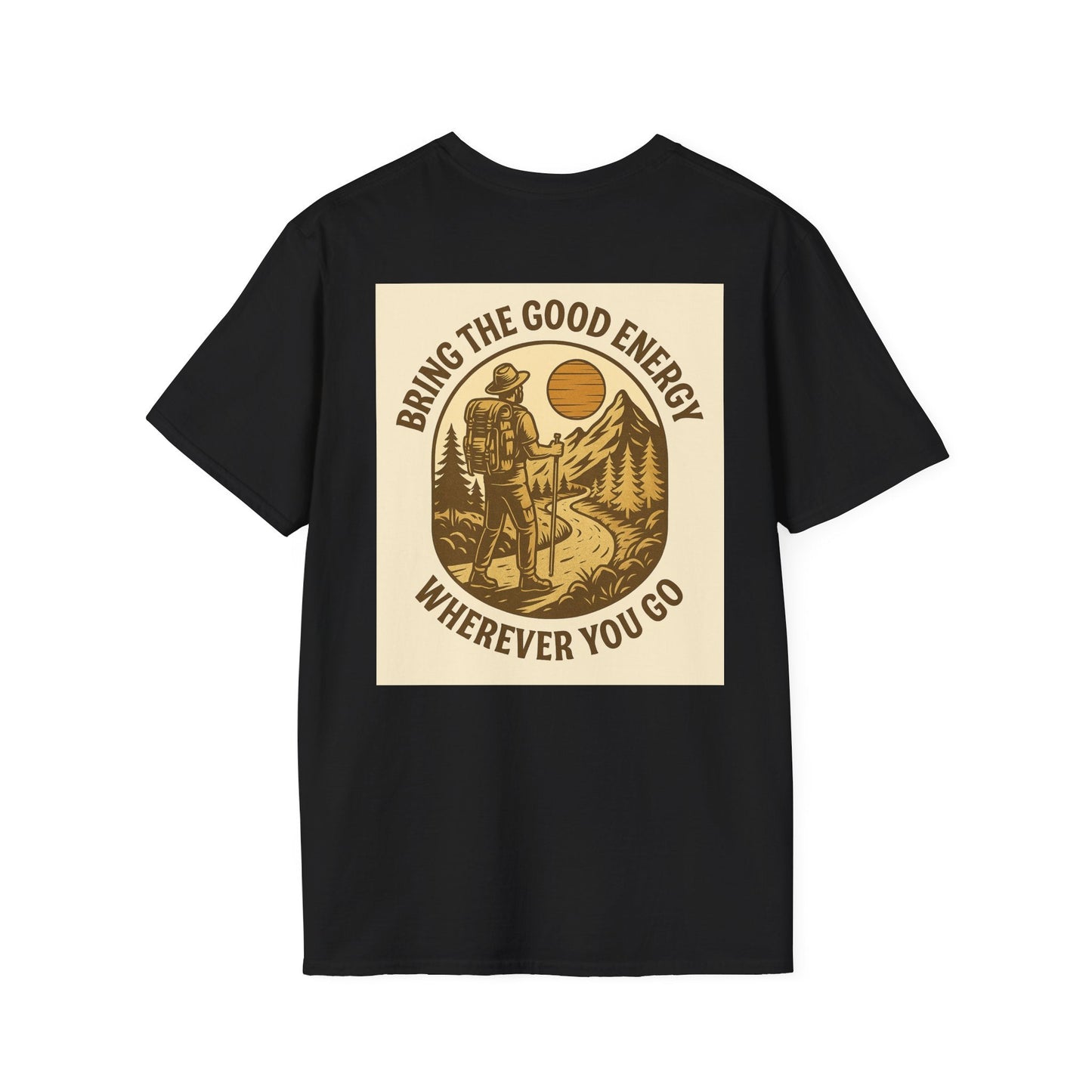 Montana-Inspired Adventure Tee with scenic graphic for nature lovers; black shirt featuring a hiker and mountain design with "Bring the Good Energy Wherever You Go" text.