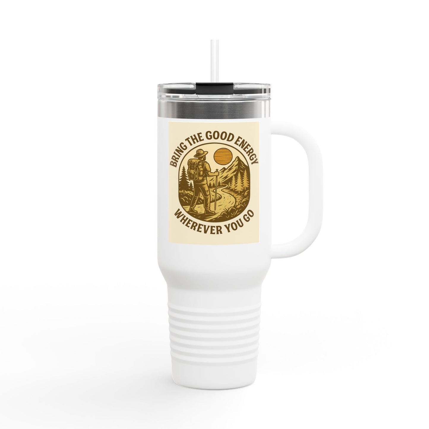 40oz insulated travel cup with positive vibes design, ergonomic handle and leak-resistant lid, "Good Energy Only Mug".