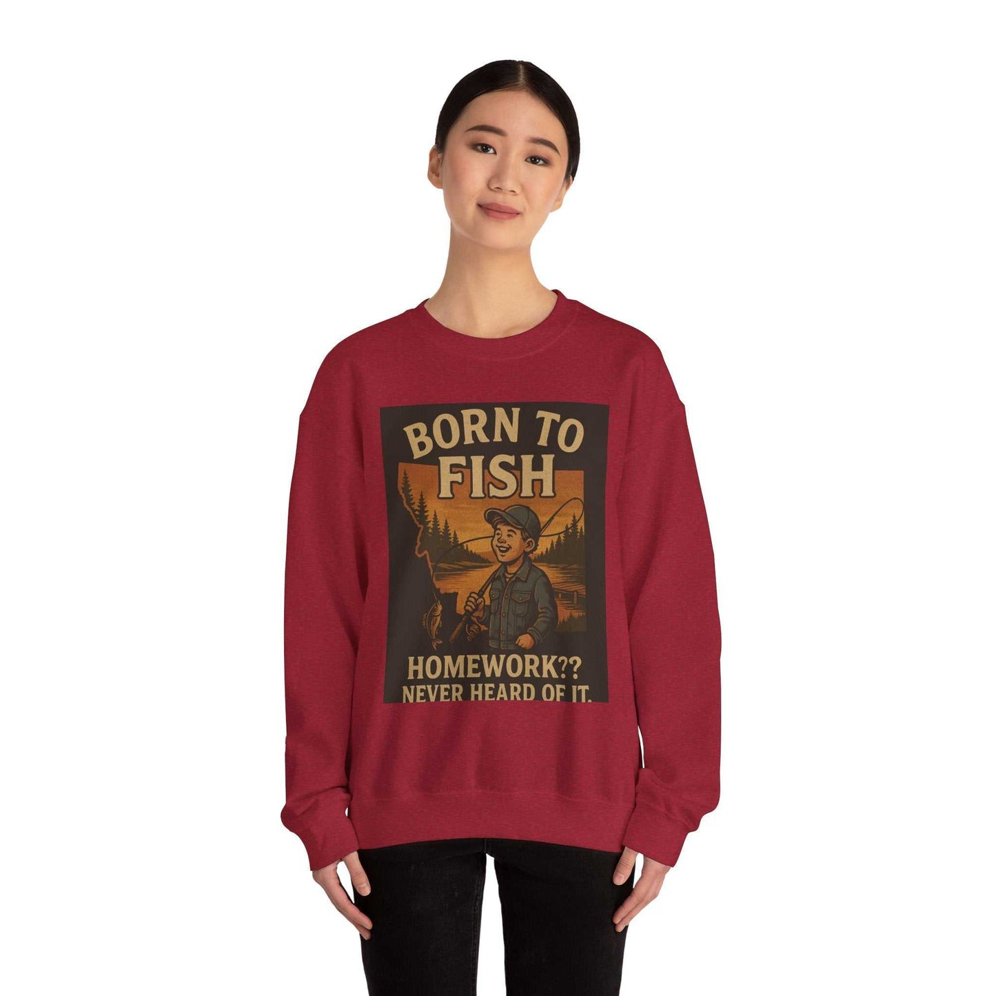 Born to Fish Sweatshirt featuring a vintage fishing design, modeled by a person, showcasing cozy cotton-poly blend and ribbed knit collar.