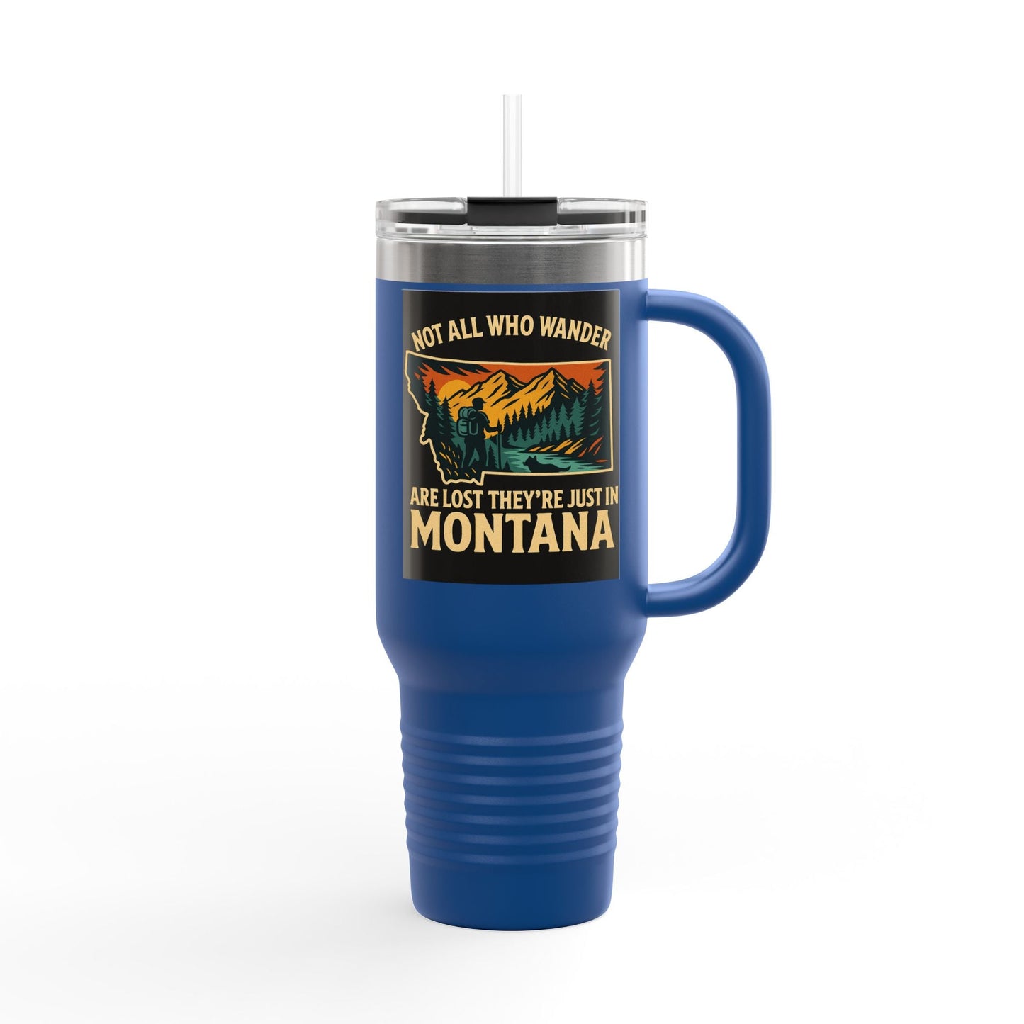Large blue Montana Adventure Mug with handle, featuring outdoor-inspired design and insulated construction.