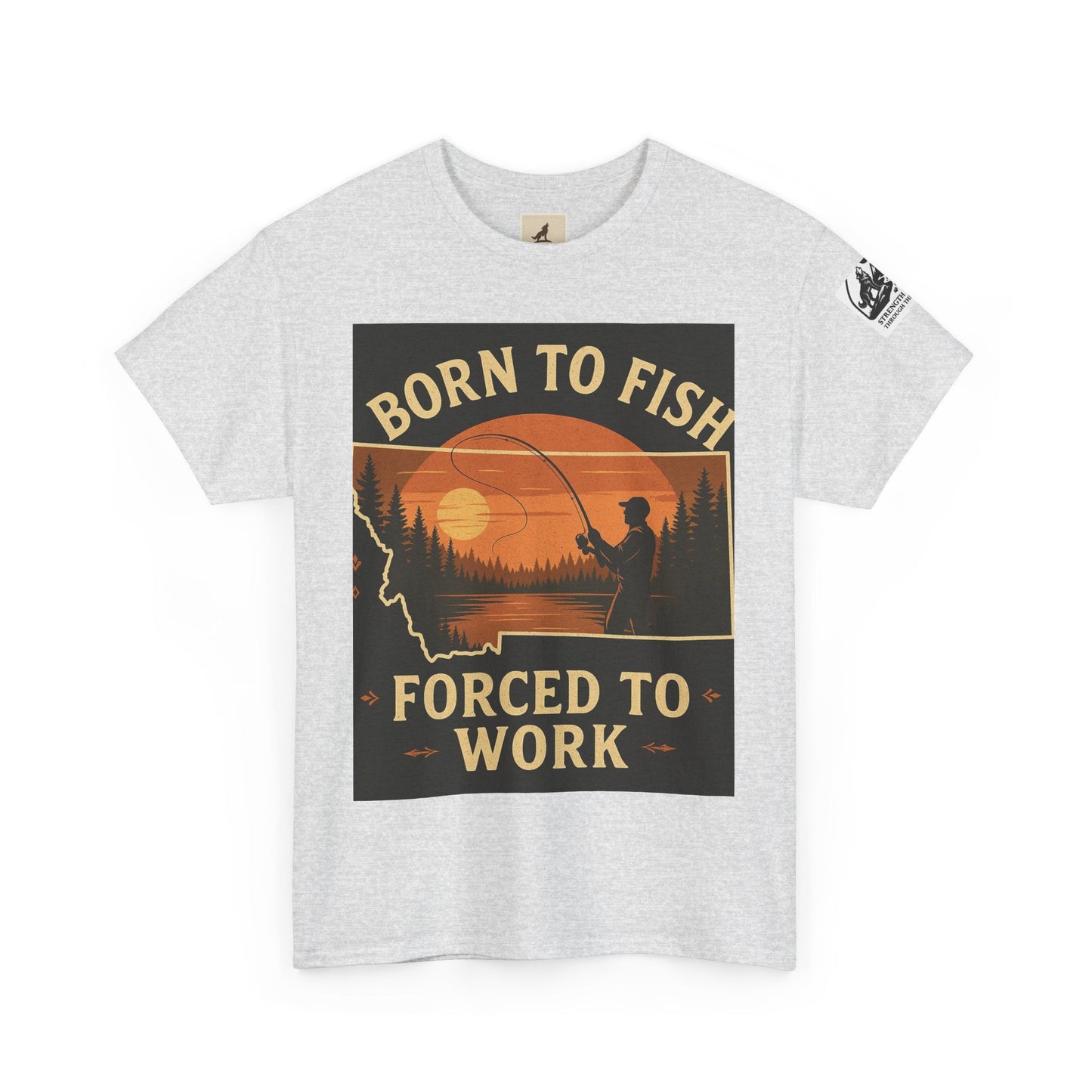 Montana Fishing Tee with "Born to Fish, Forced to Work" graphic, perfect for nature lovers.