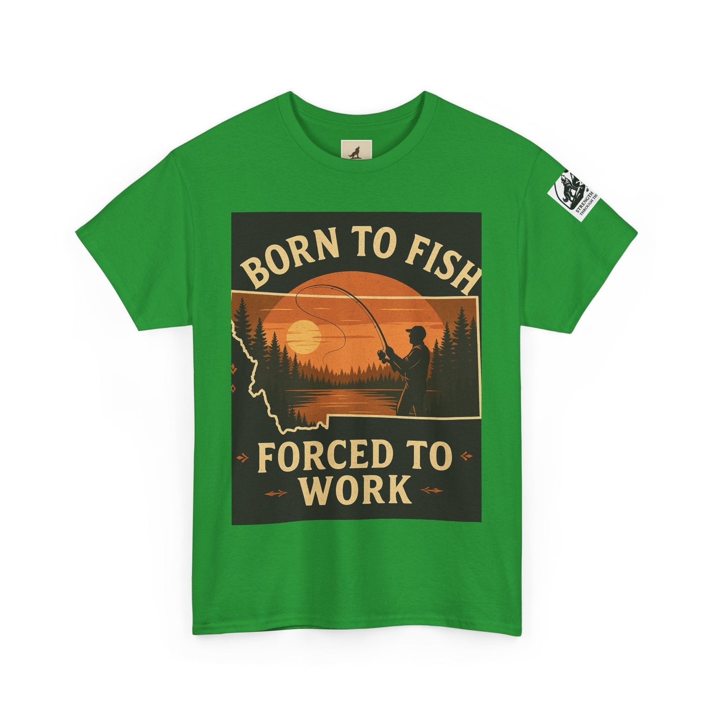 Green t-shirt with "Born to Fish, Forced to Work" graphic, nature fishing scene, Montana Fishing Tee.