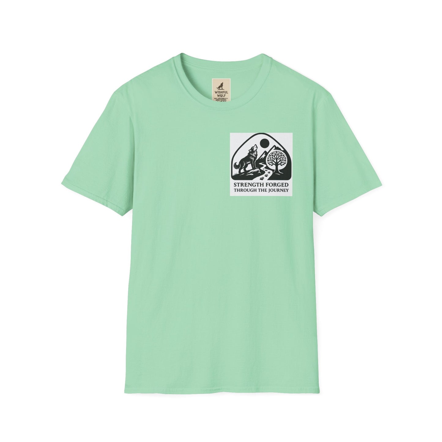 Welding Gift T-Shirt with "Strength Forged in Fire" graphic, soft green fabric, ideal for metalworkers and welders.