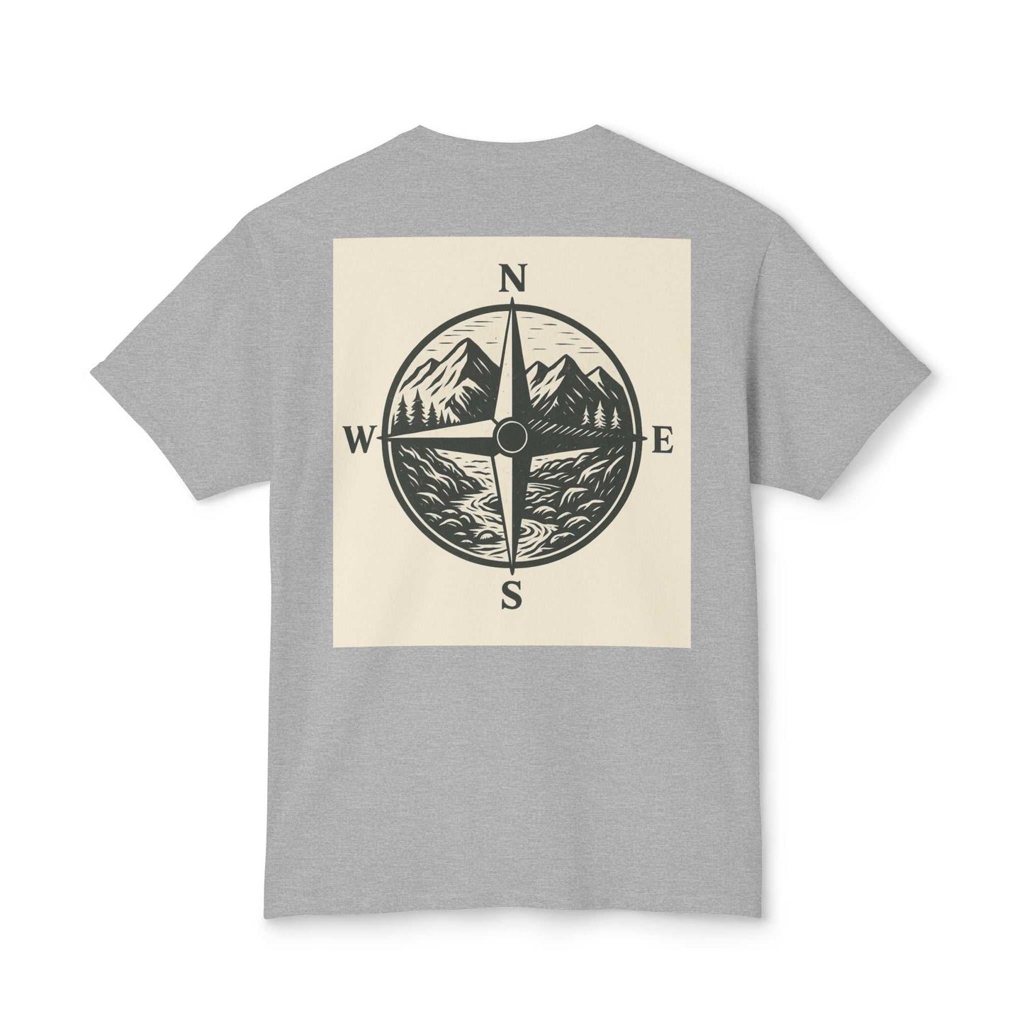 Gray Montana Adventure Tee featuring a compass and mountain design on the back, symbolizing nature and exploration.