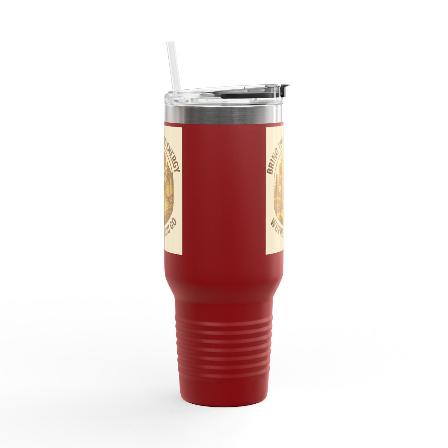 40oz insulated travel cup with positive vibes design, ergonomic handle, and leak-resistant lid.