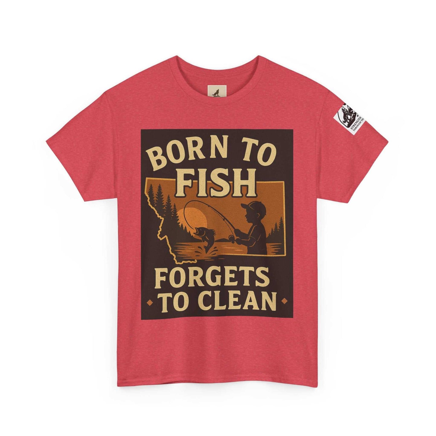 Men's fishing tee with bold graphic text, "Born to Fish, Forgets to Clean," showcasing outdoor lifestyle.