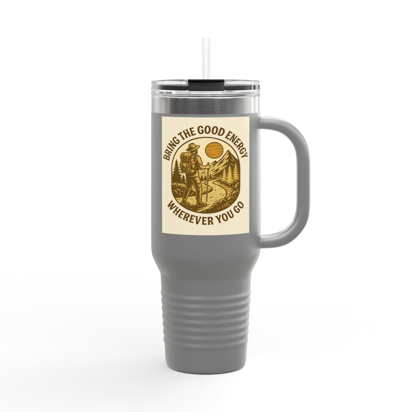40oz insulated "Good Energy Only Mug" with ergonomic handle and leak-resistant lid.