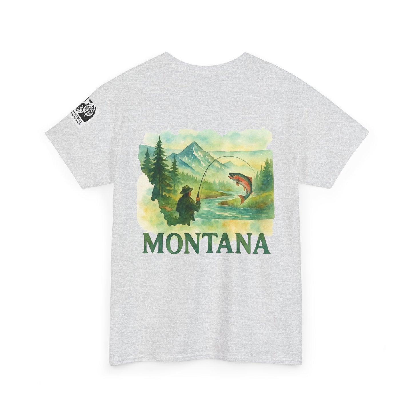 Montana Fishing Tee with nature and fishing graphic on back, perfect for anglers and nature lovers.