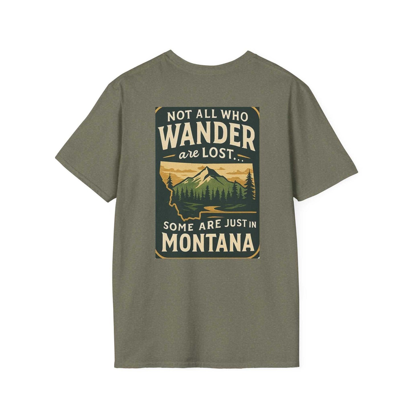 Montana Adventure Tee with wilderness graphic and vintage bear design on olive fabric.