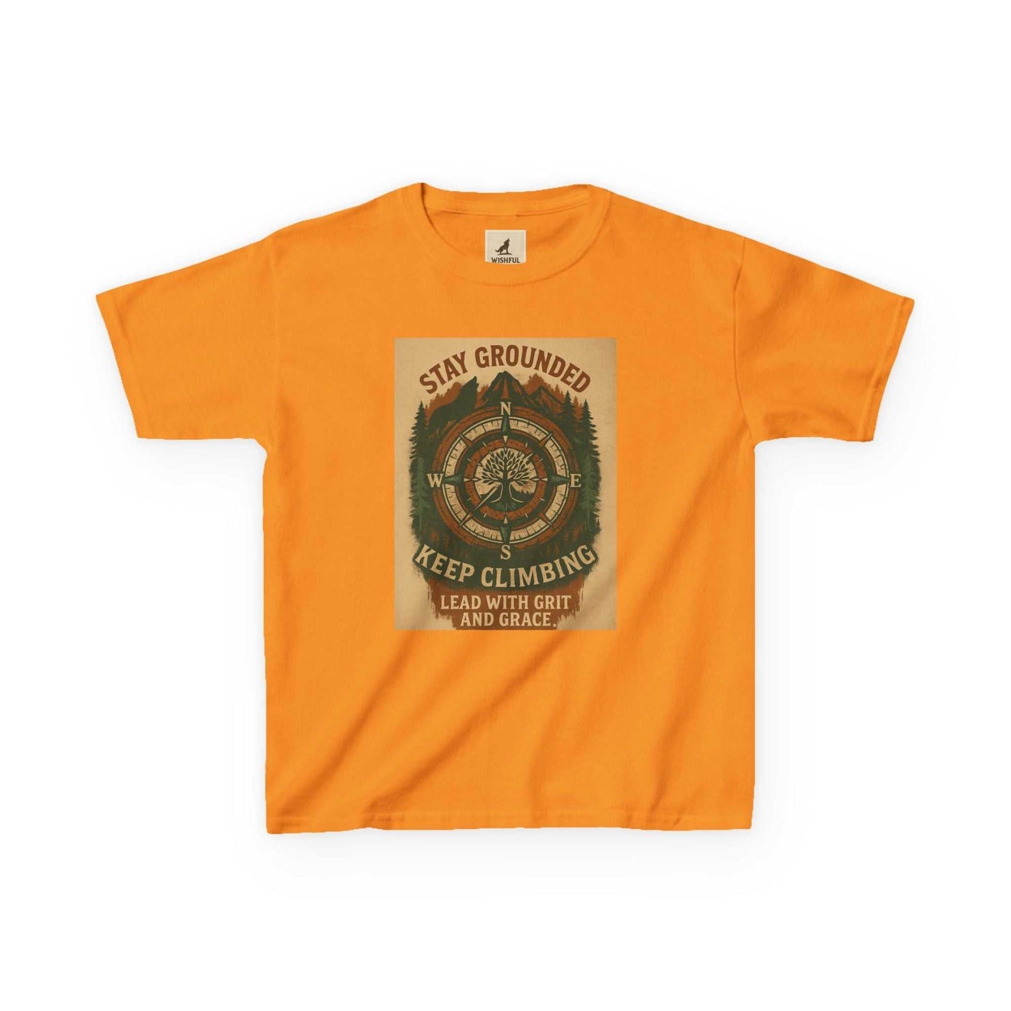Orange Adventure Kids Tee with motivational nature-inspired design and message, "Stay Grounded & Keep Climbing," made from ethically sourced cotton for children.