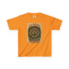 Orange Adventure Kids Tee with motivational nature-inspired design and message, "Stay Grounded & Keep Climbing," made from ethically sourced cotton for children.