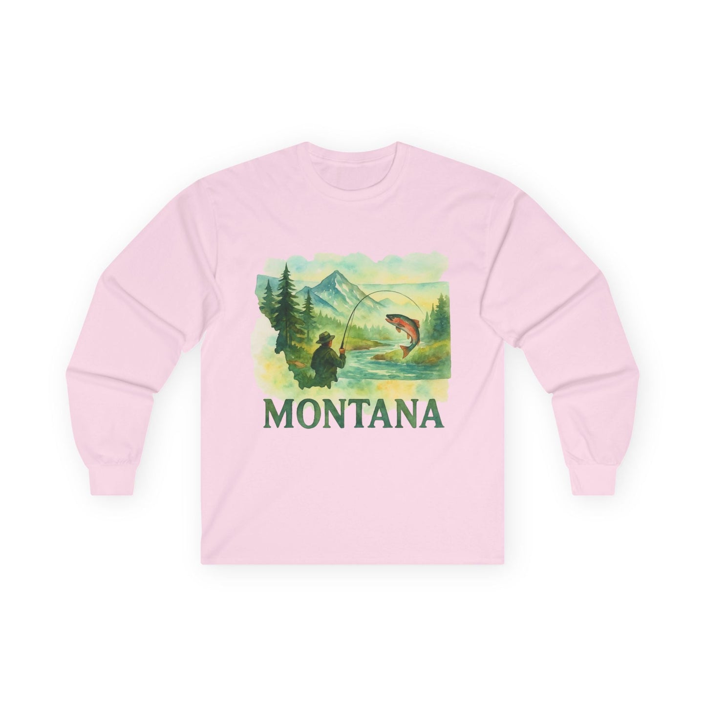 Montana Fishing Long Sleeve Tee in pink with nature-inspired print, highlighting Montana angling scene.