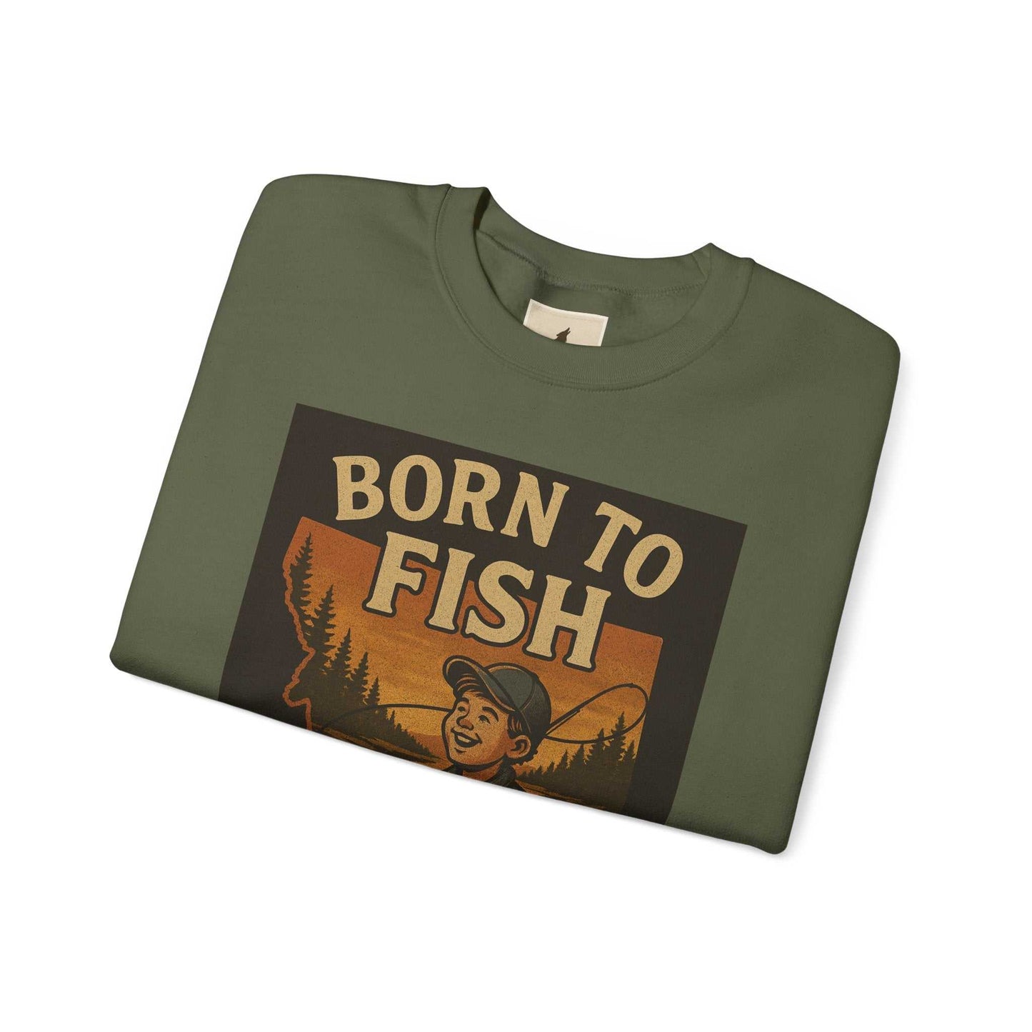 Born to Fish Sweatshirt in green with bold design, soft cotton-poly blend.