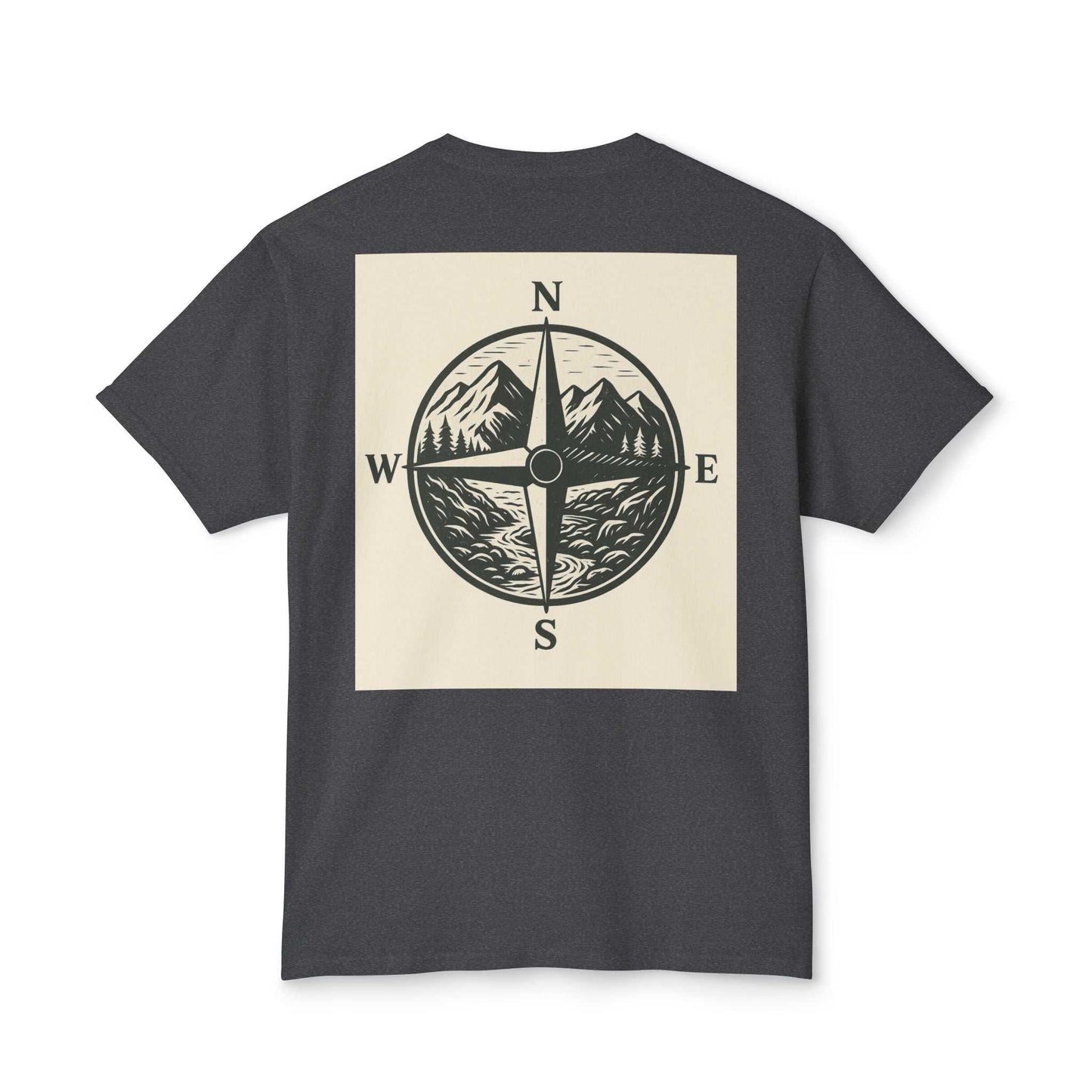 Montana Adventure Tee featuring a nature-inspired compass design on dark fabric, perfect for explorers and nature lovers.
