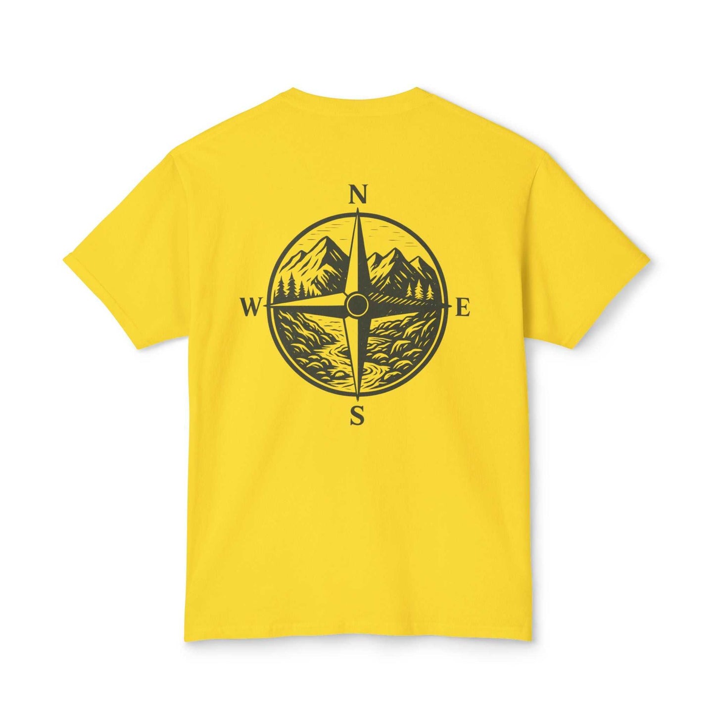 Yellow Montana Adventure Tee with compass and mountain design, nature-inspired softstyle.