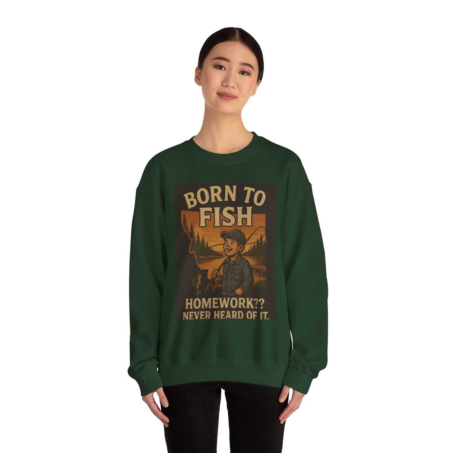 Green "Born to Fish" sweatshirt featuring a fishing-themed design, modeled by a person.