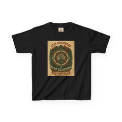 Adventure Kids Tee with nature-inspired motivational design, featuring "Stay Grounded & Bring The Good Energy" message.