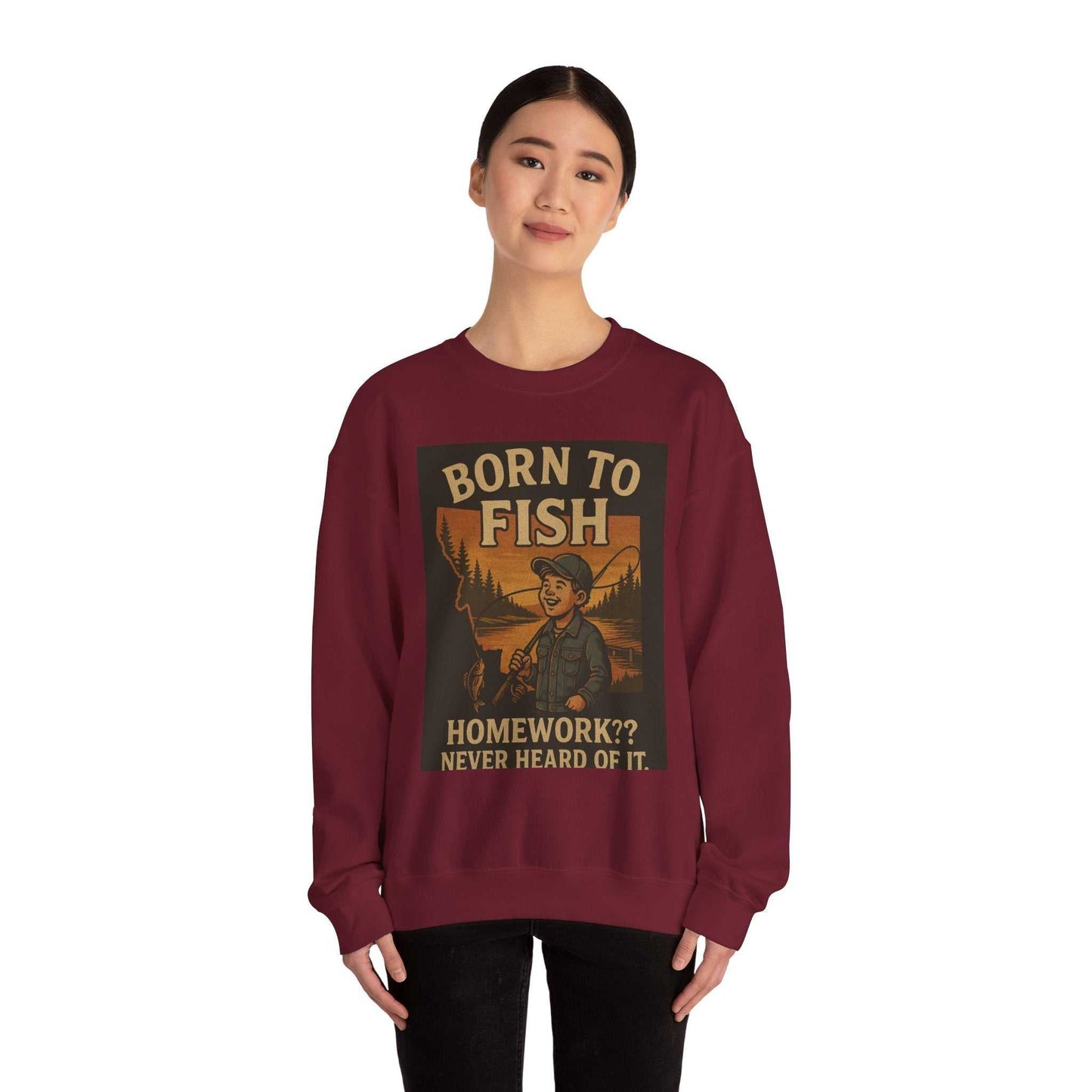 Born to Fish Sweatshirt featuring bold design for angling enthusiasts, shown on person.