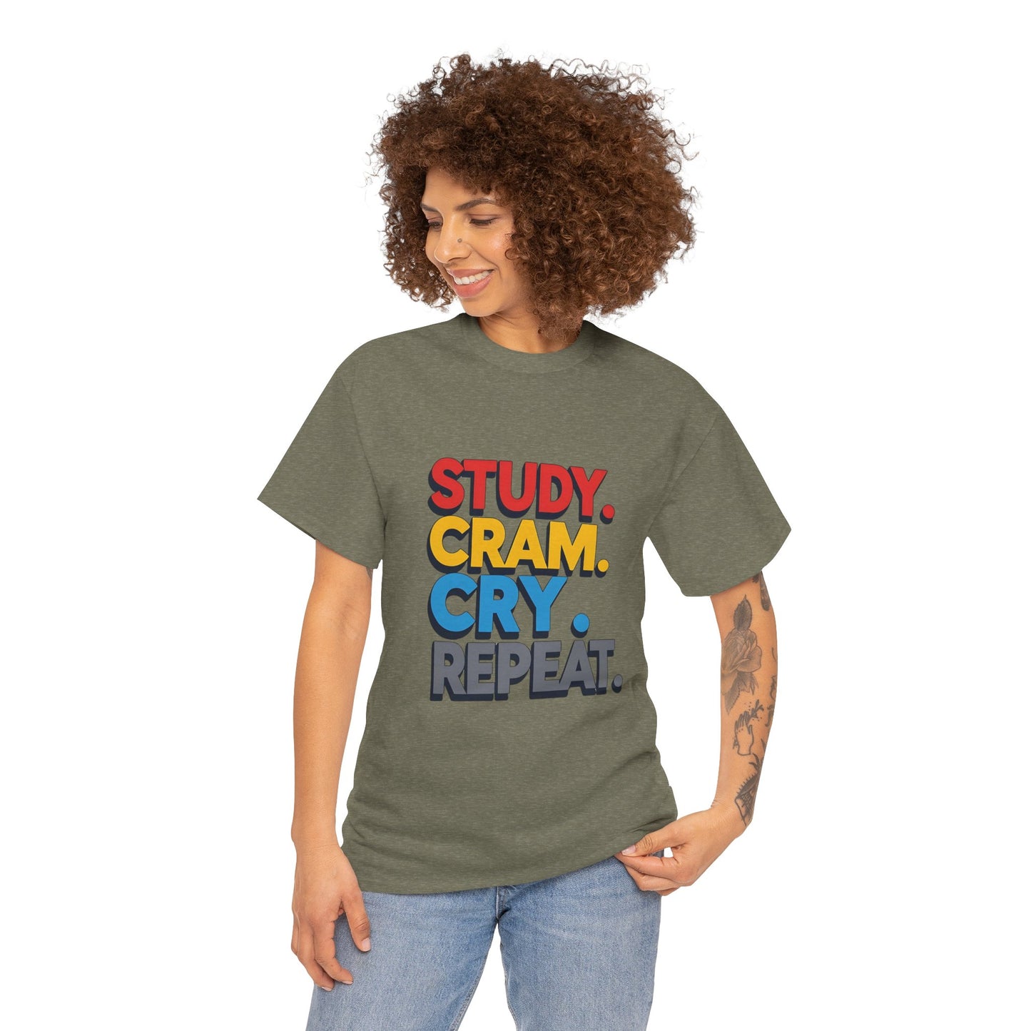 Study Cram Cry Repeat Tee, Unisex Heavy Cotton T-Shirt, Student Gift, College Humor Shirt, Exam Prep Apparel, Funny Study Tee