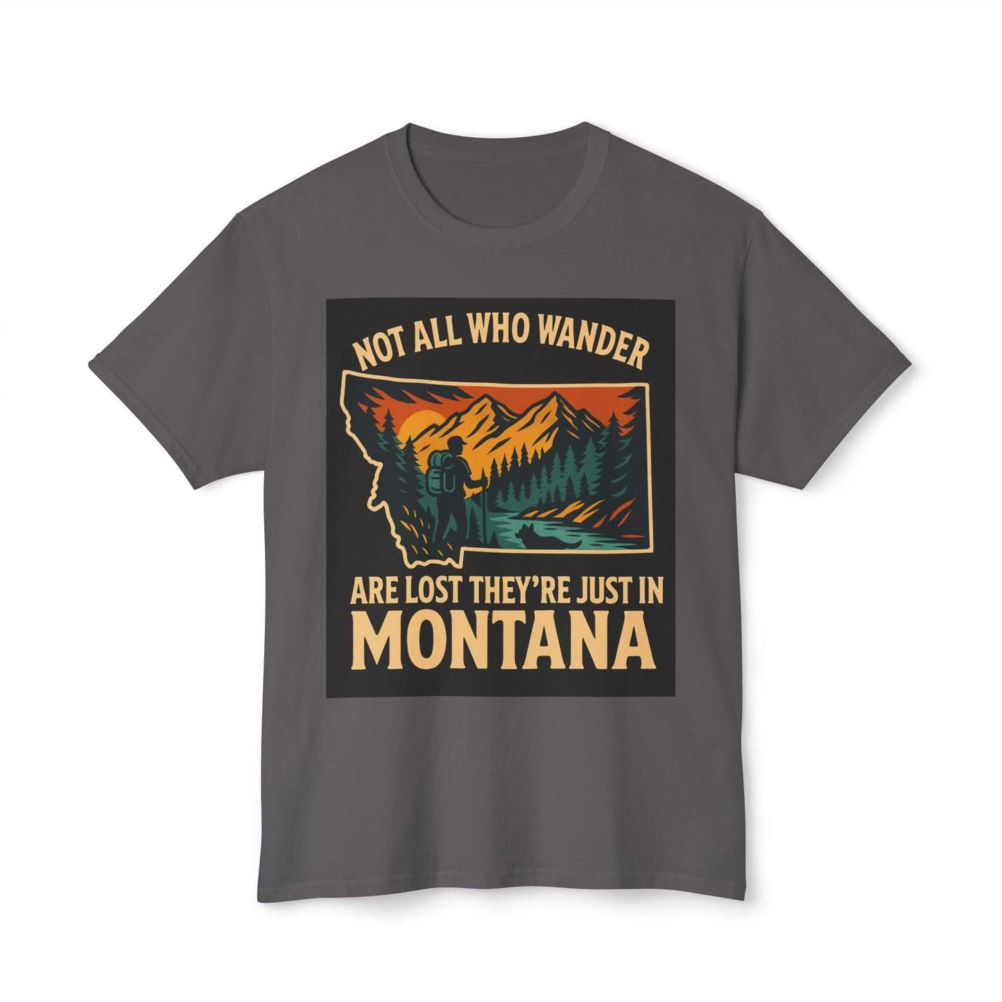Nature-inspired Montana Adventure Tee with mountain graphic and hiker, perfect for exploring and outdoor enthusiasts.