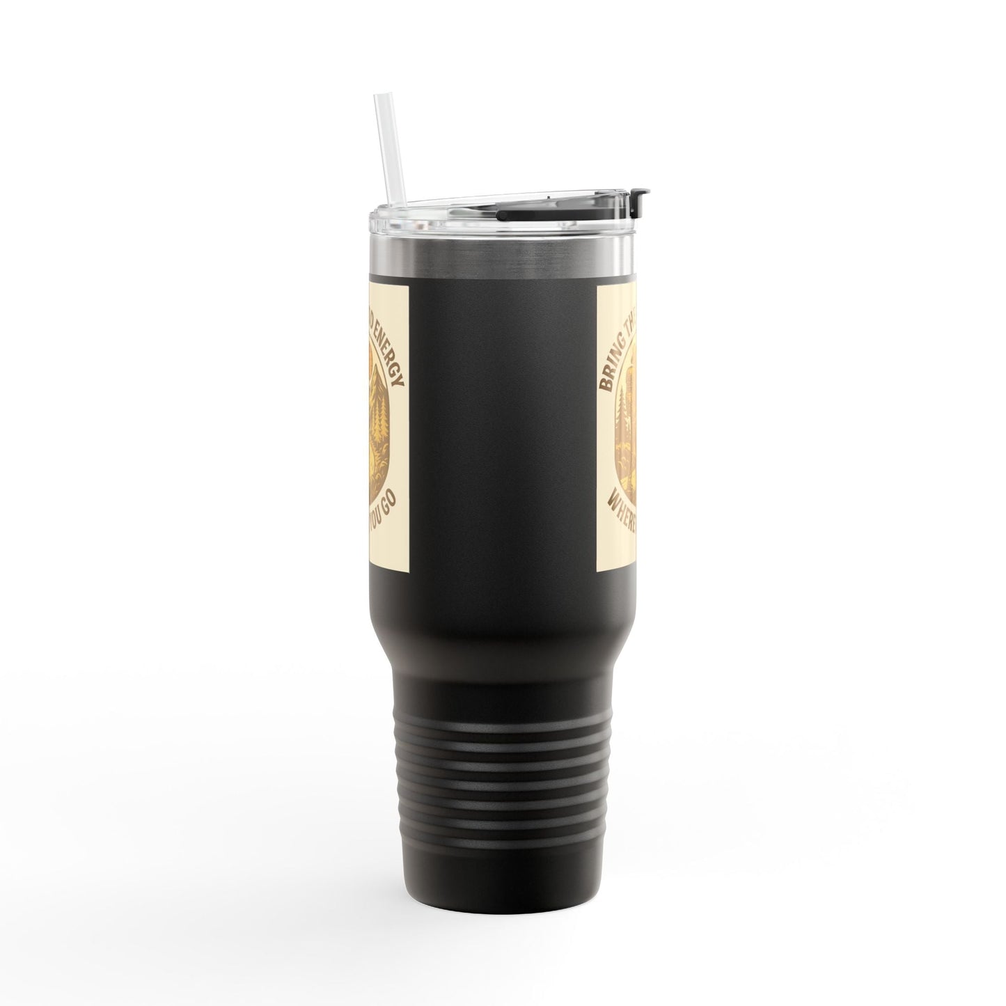 40oz insulated travel cup with black finish and positive message design.