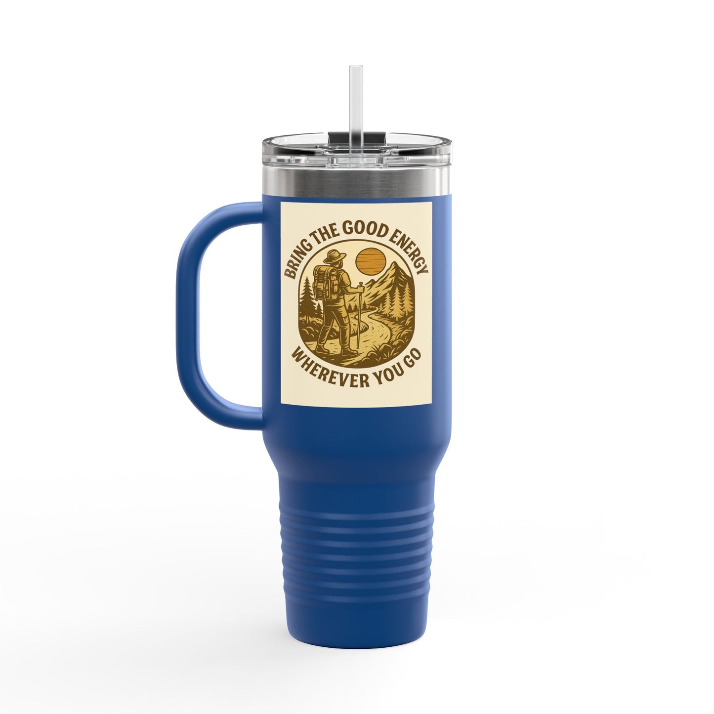 40oz insulated travel mug with positive vibes design and ergonomic handle.