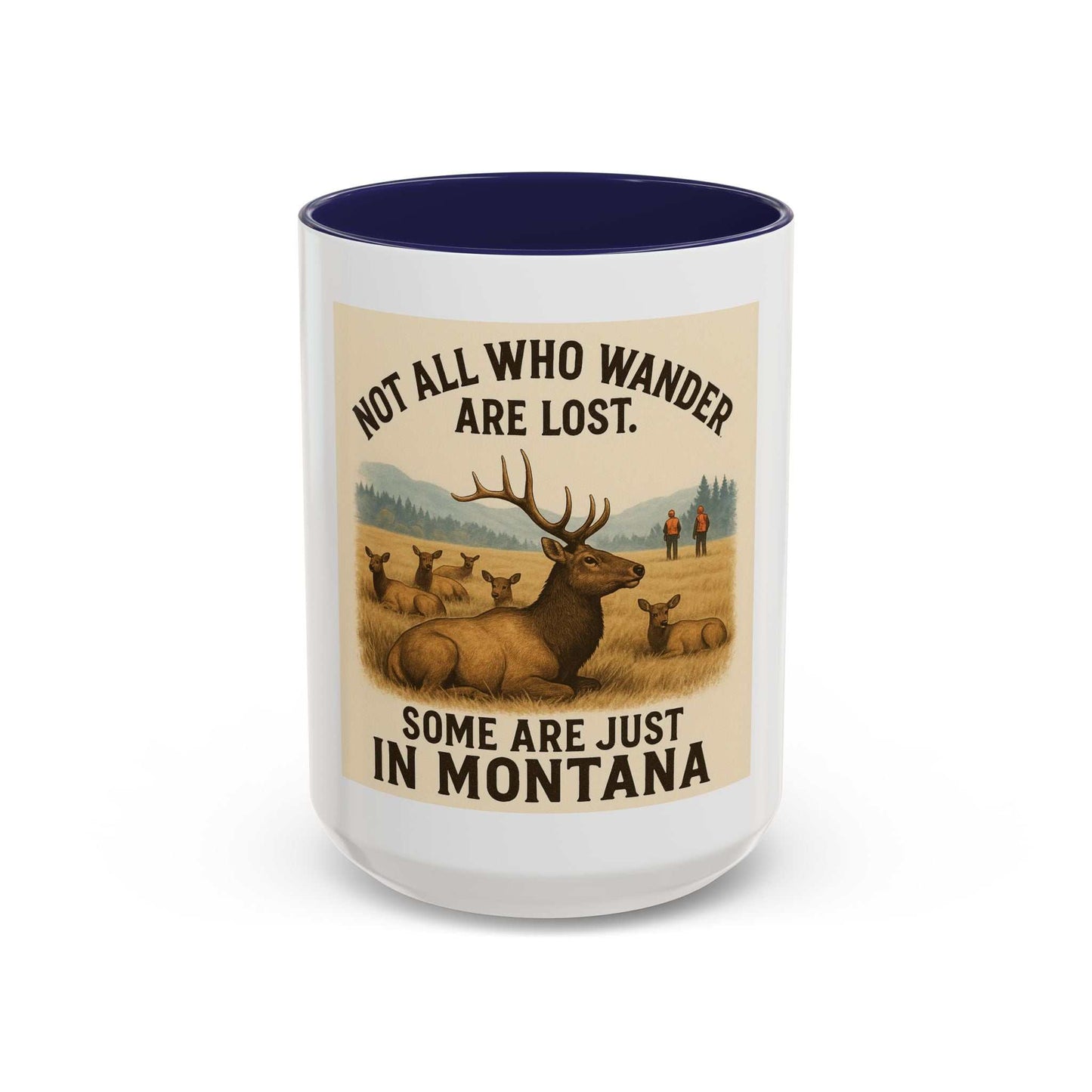 Montana Adventure Mug with rustic elk design and bold typography.