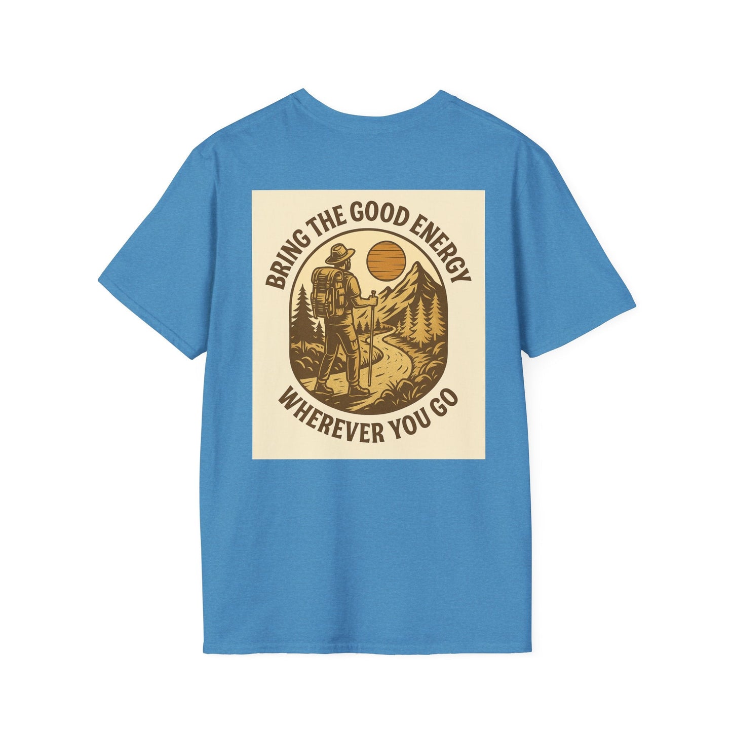 Blue Montana-Inspired Adventure Tee with scenic hiker graphic and motivational text for nature enthusiasts.