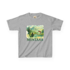Montana Adventure Kids Tee with nature-inspired graphic, gray youth shirt.