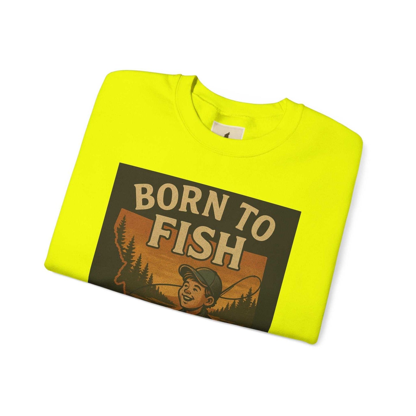 Born to Fish Sweatshirt in yellow with a bold design, ideal for anglers and outdoor enthusiasts.
