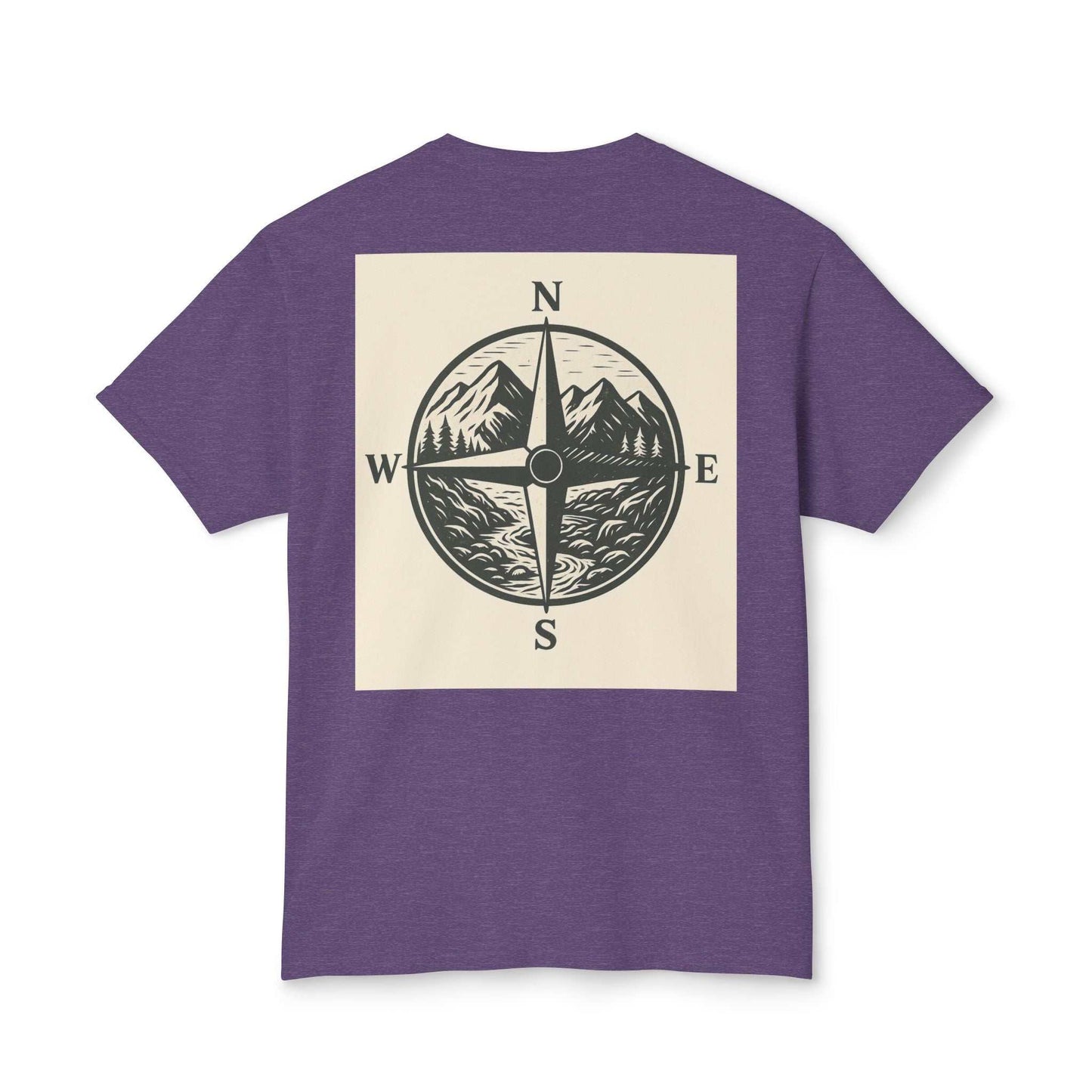 Purple Montana Adventure Tee featuring a nature-inspired compass design on the back, ideal for outdoor enthusiasts.