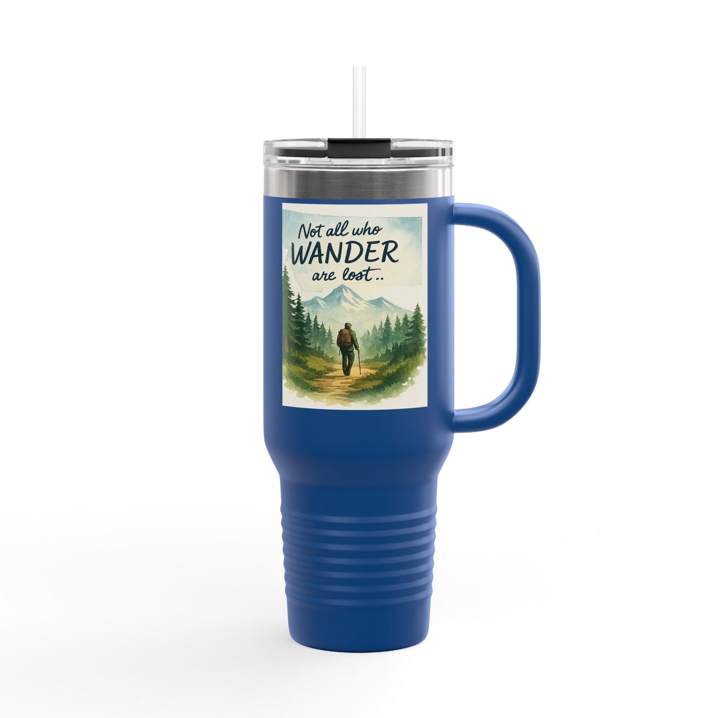 Montana 40oz Adventure Mug with rugged design and blue finish, featuring an inscription and nature illustration.