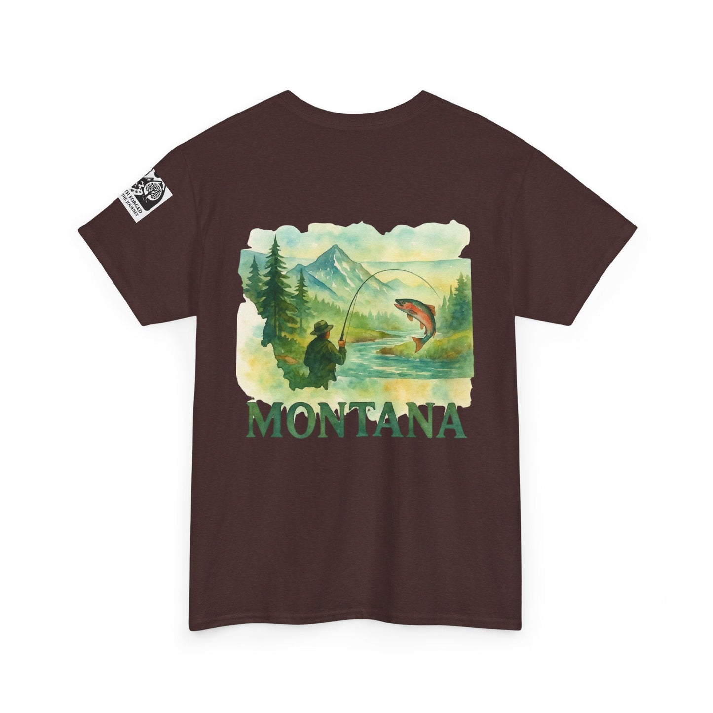 Montana Fishing Tee with nature graphic and "Born to Fish" phrase, ideal for outdoor enthusiasts.