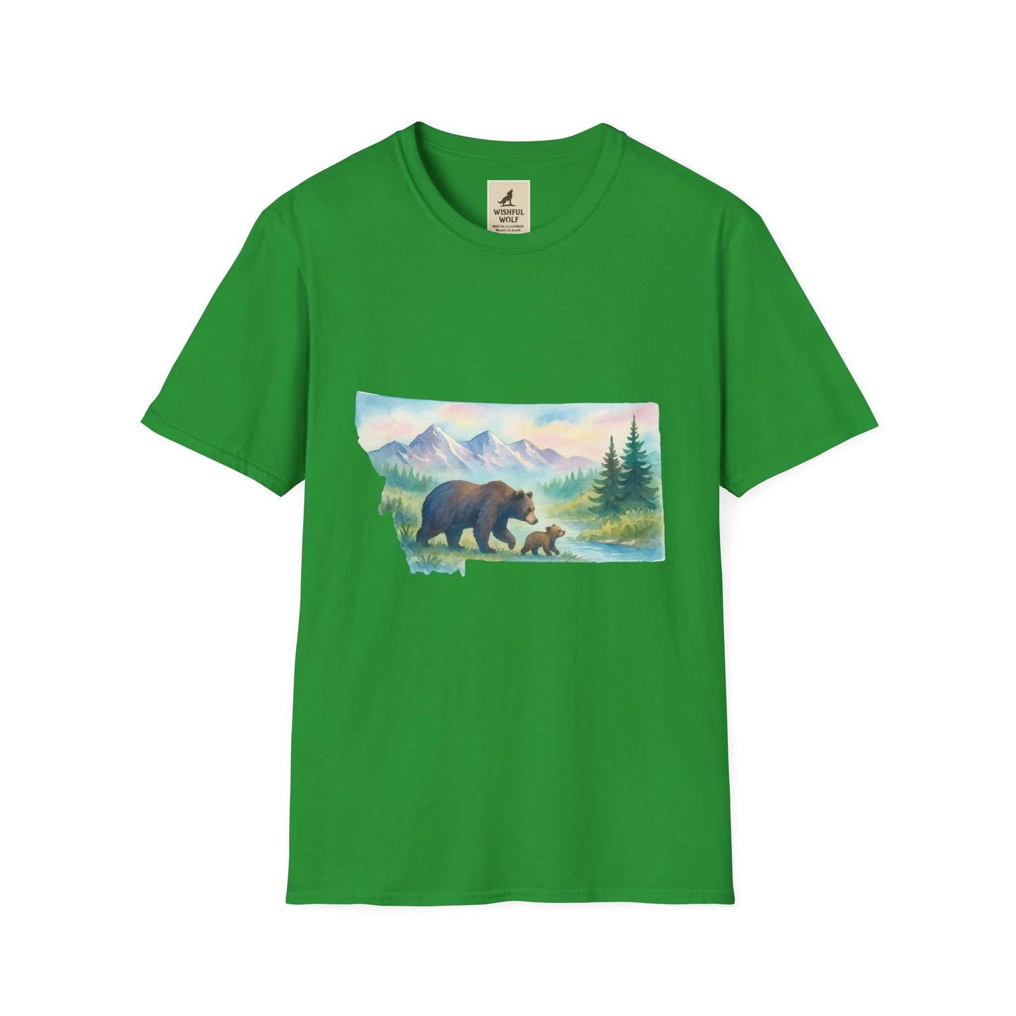 Montana Adventure Tee with vintage bear graphic on green shirt for nature lovers.
