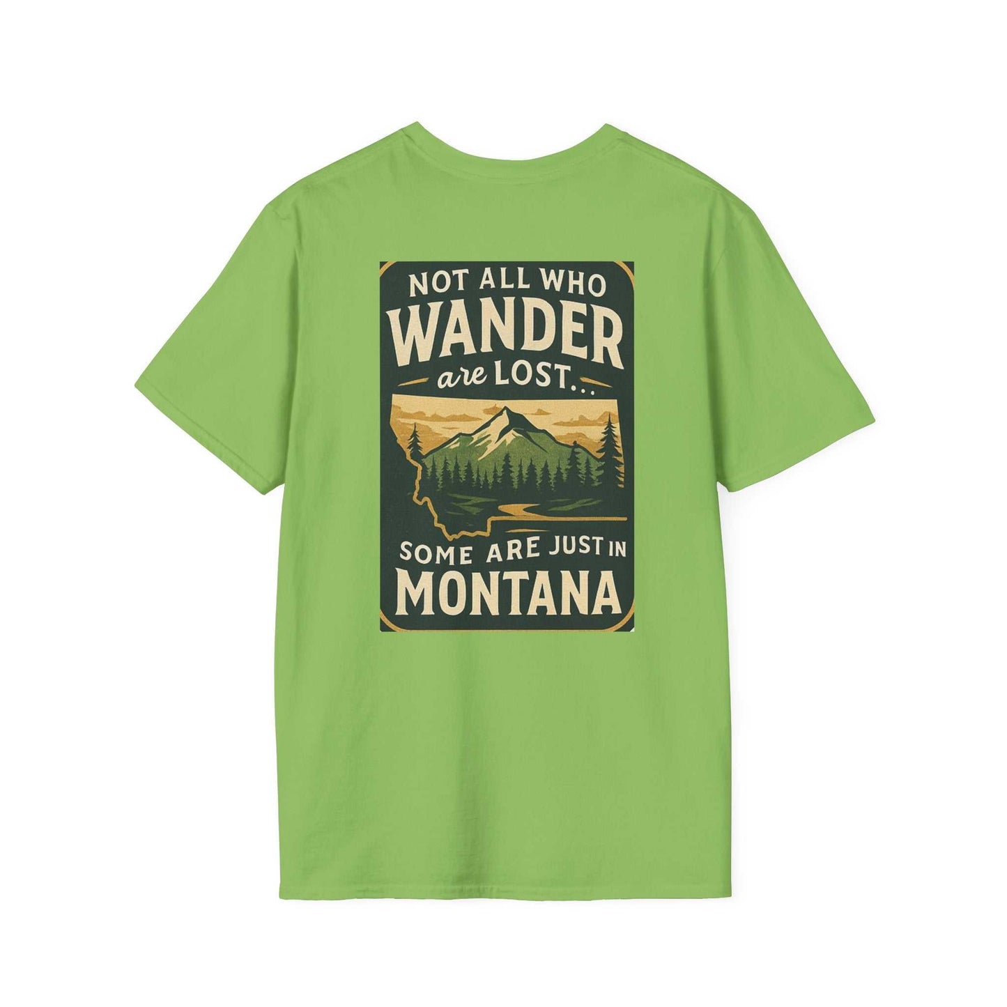 Montana Adventure Tee with wilderness graphic and inspirational quote on a green shirt.