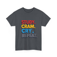 Study Cram Cry Repeat Tee, Unisex Heavy Cotton T-Shirt, Student Gift, College Humor Shirt, Exam Prep Apparel, Funny Study Tee