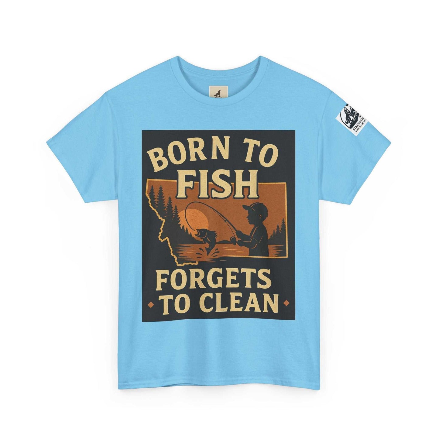 Blue "Born to Fish, Forgets to Clean" graphic Fishing Cotton Tee for Men, ideal for outdoor enthusiasts.