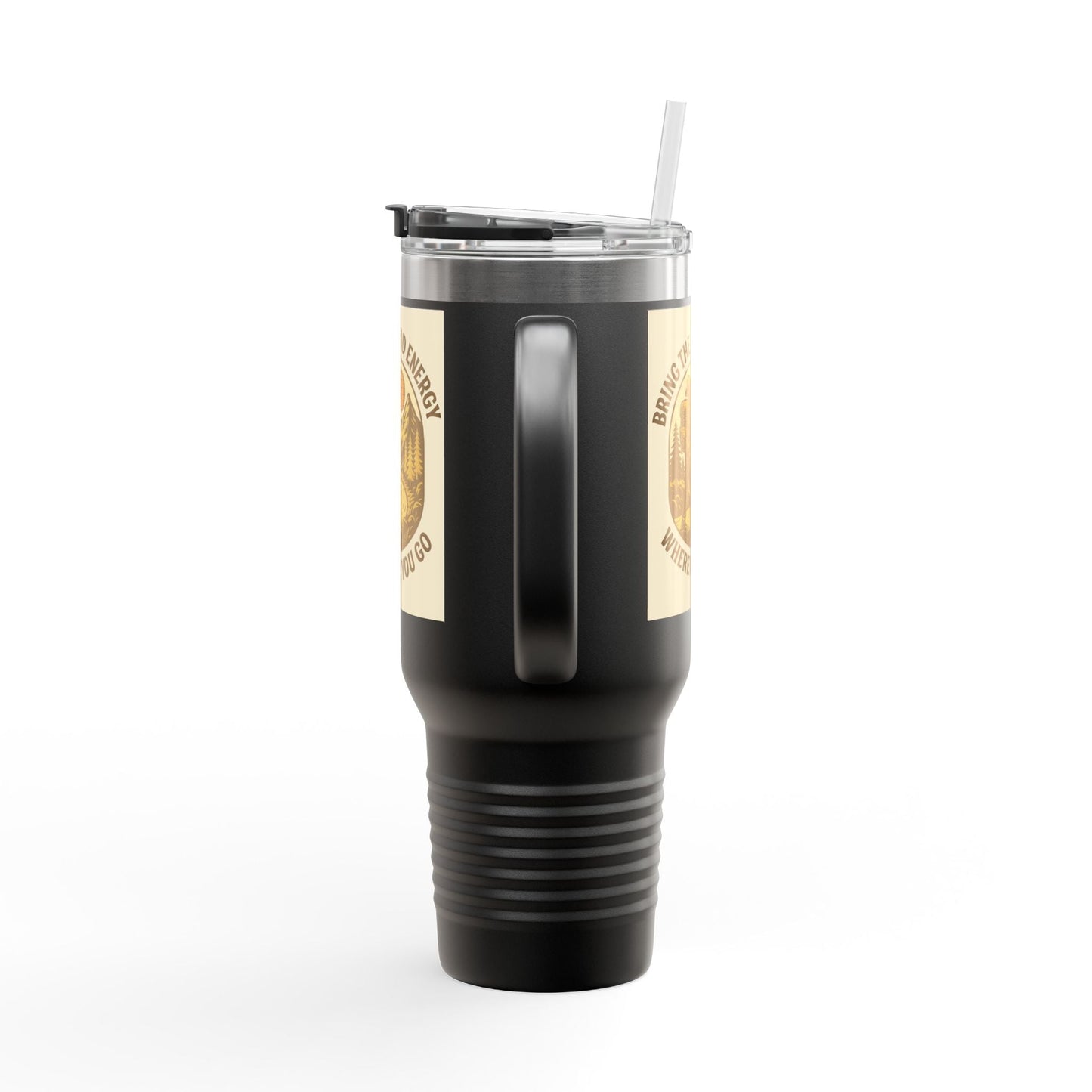 40oz Insulated Good Energy Only Mug with ergonomic handle and straw.