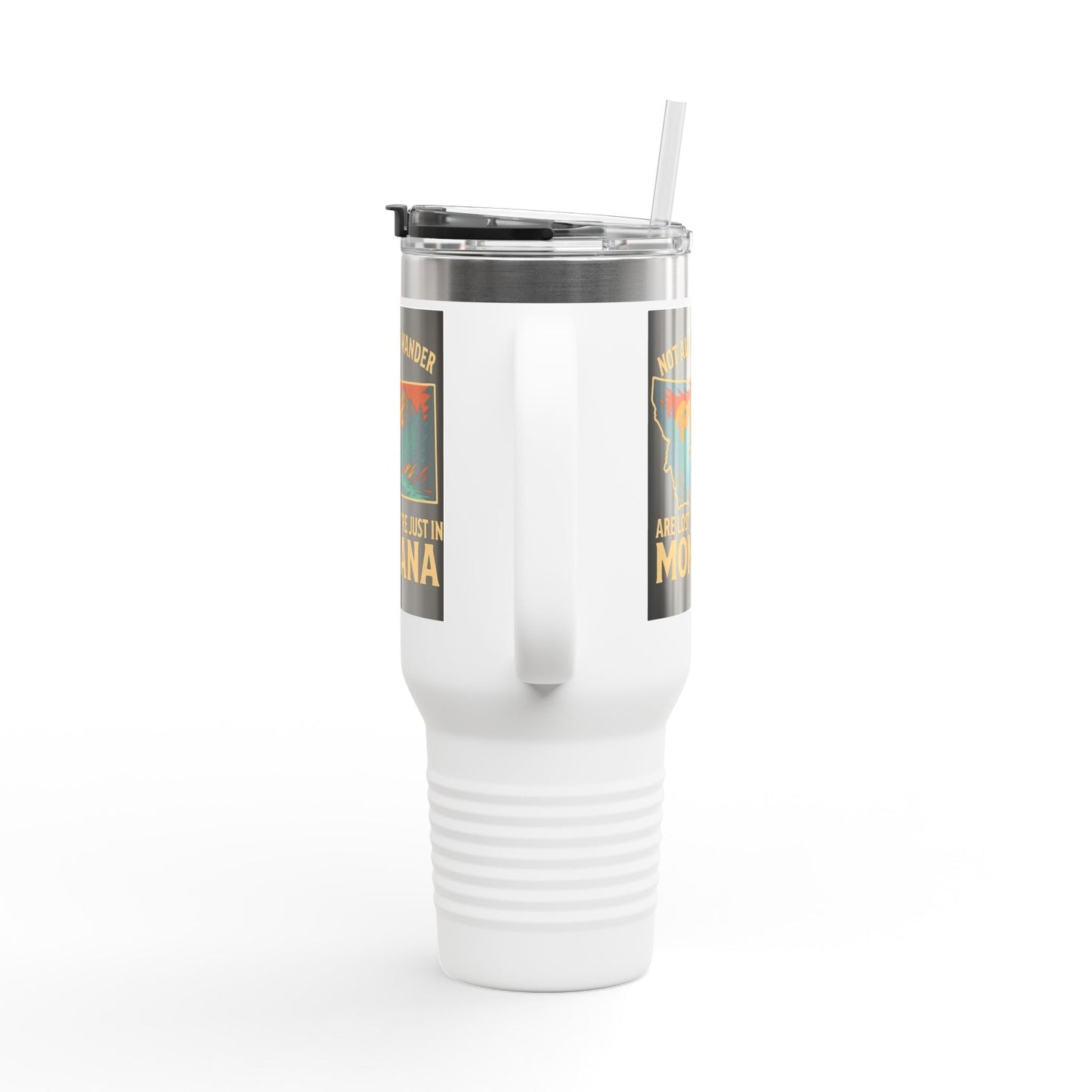 Large white Montana Adventure Mug with ergonomic handle, stainless steel construction, and spill-proof lid, perfect for outdoor enthusiasts.