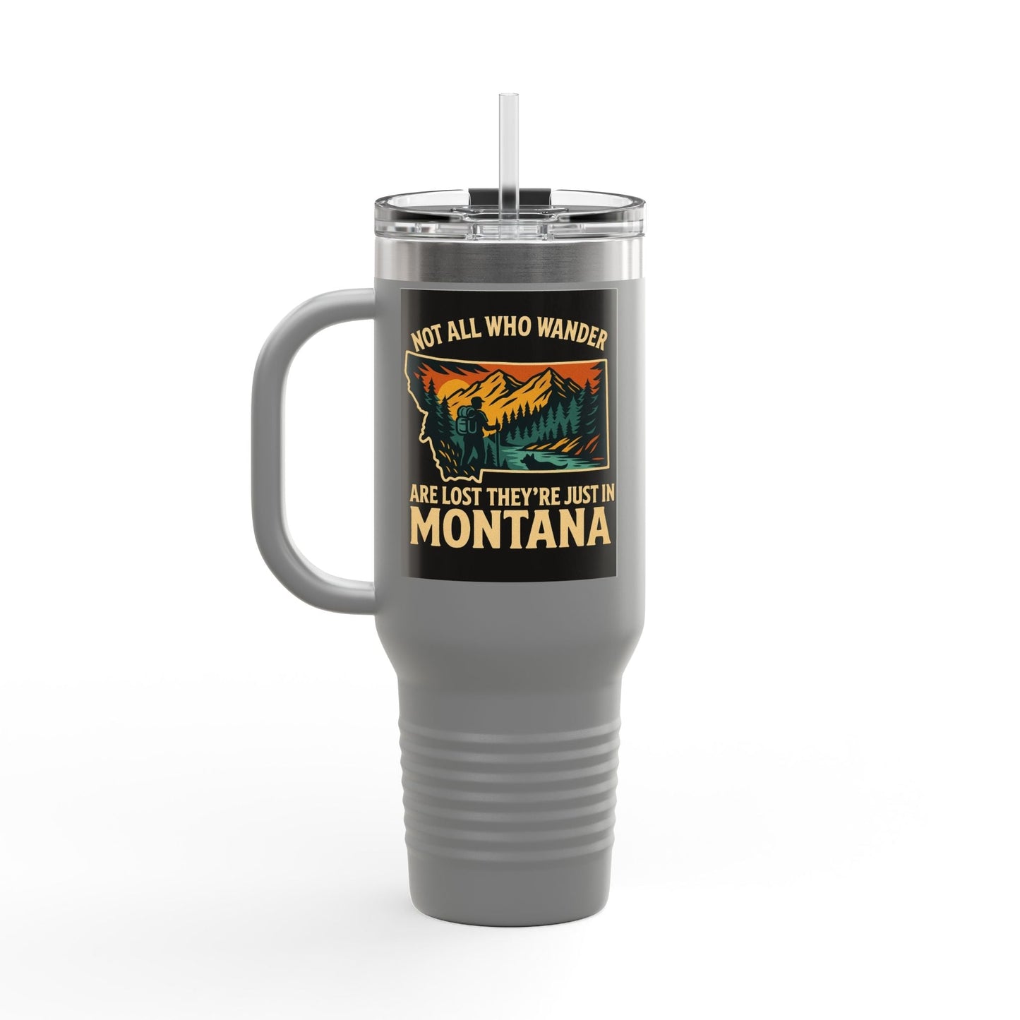 Large insulated Montana Adventure Mug with handle, rugged stainless steel design, and leak-proof lid. Perfect for outdoor explorers.