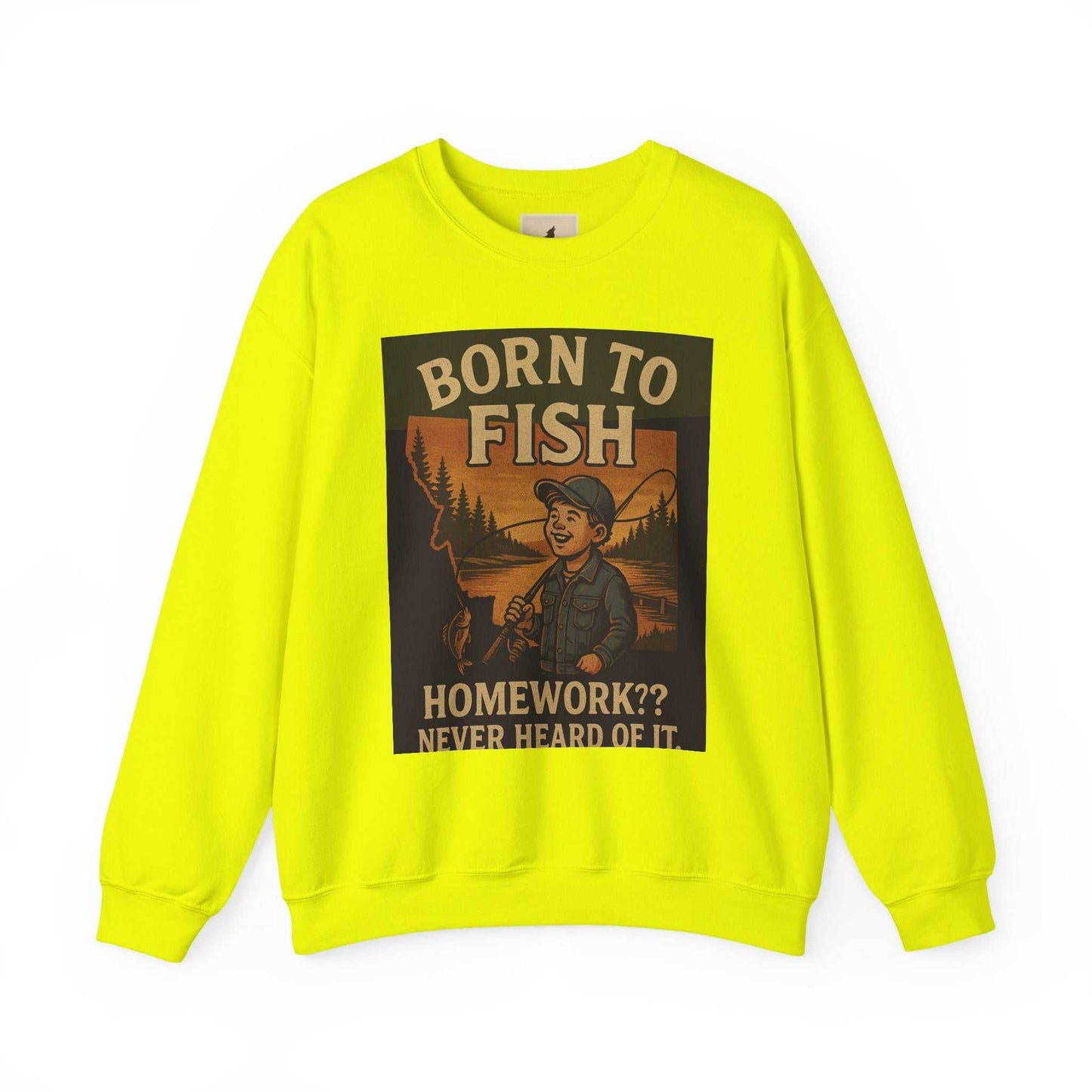 Born to Fish Sweatshirt featuring bold design for anglers, medium-heavy cotton-poly blend, perfect for fishing enthusiasts.