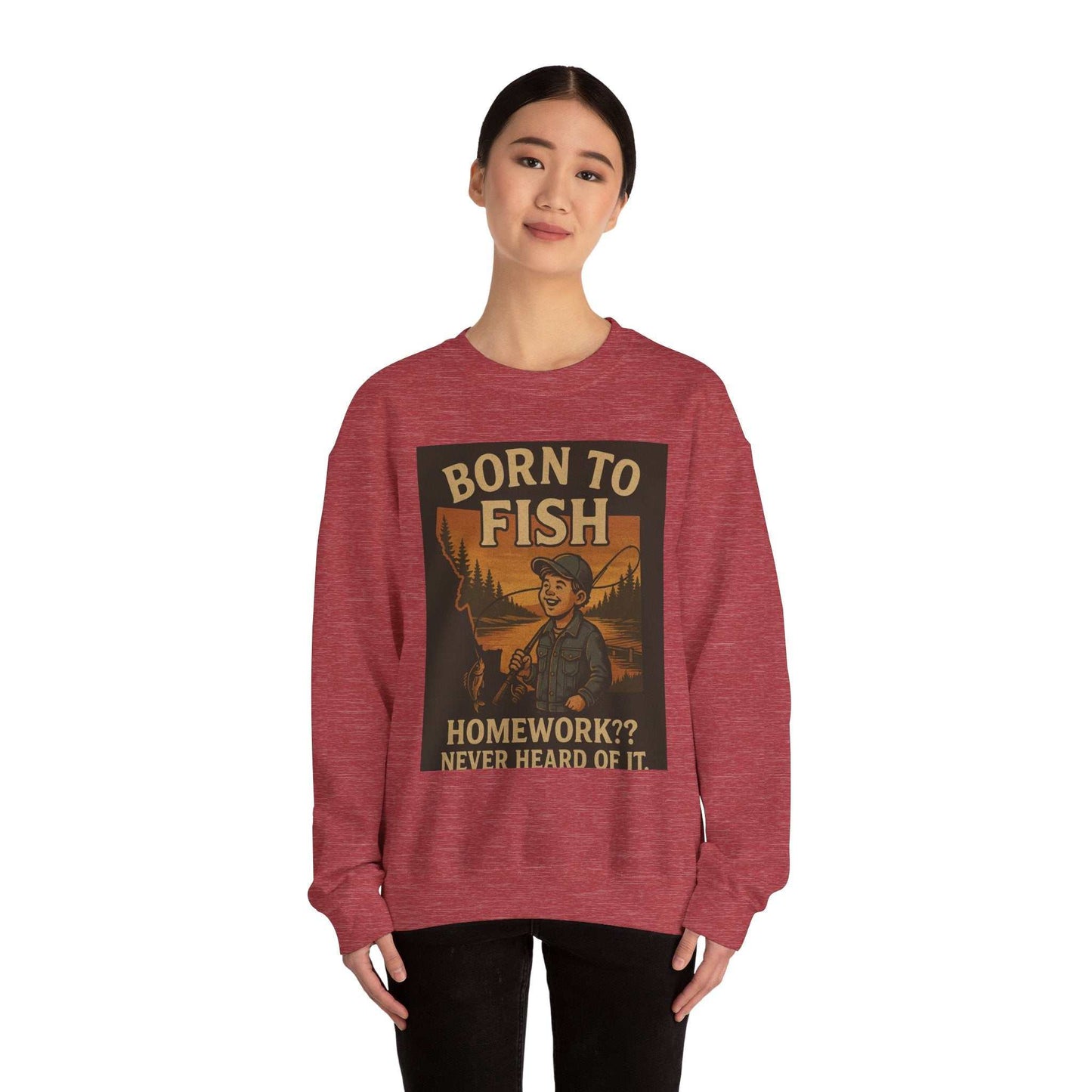 Born to Fish Sweatshirt worn by model, showcasing fishing-themed design in red color.