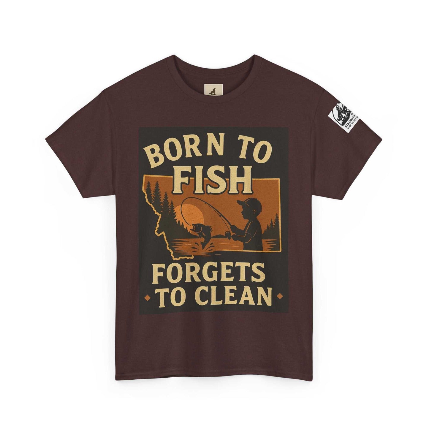 Fishing Cotton Tee for Men with "Born to Fish, Forgets to Clean" graphic, made from US-grown cotton, ideal for outdoor activities.
