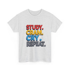 Study Cram Cry Repeat Tee, Unisex Heavy Cotton T-Shirt, Student Gift, College Humor Shirt, Exam Prep Apparel, Funny Study Tee