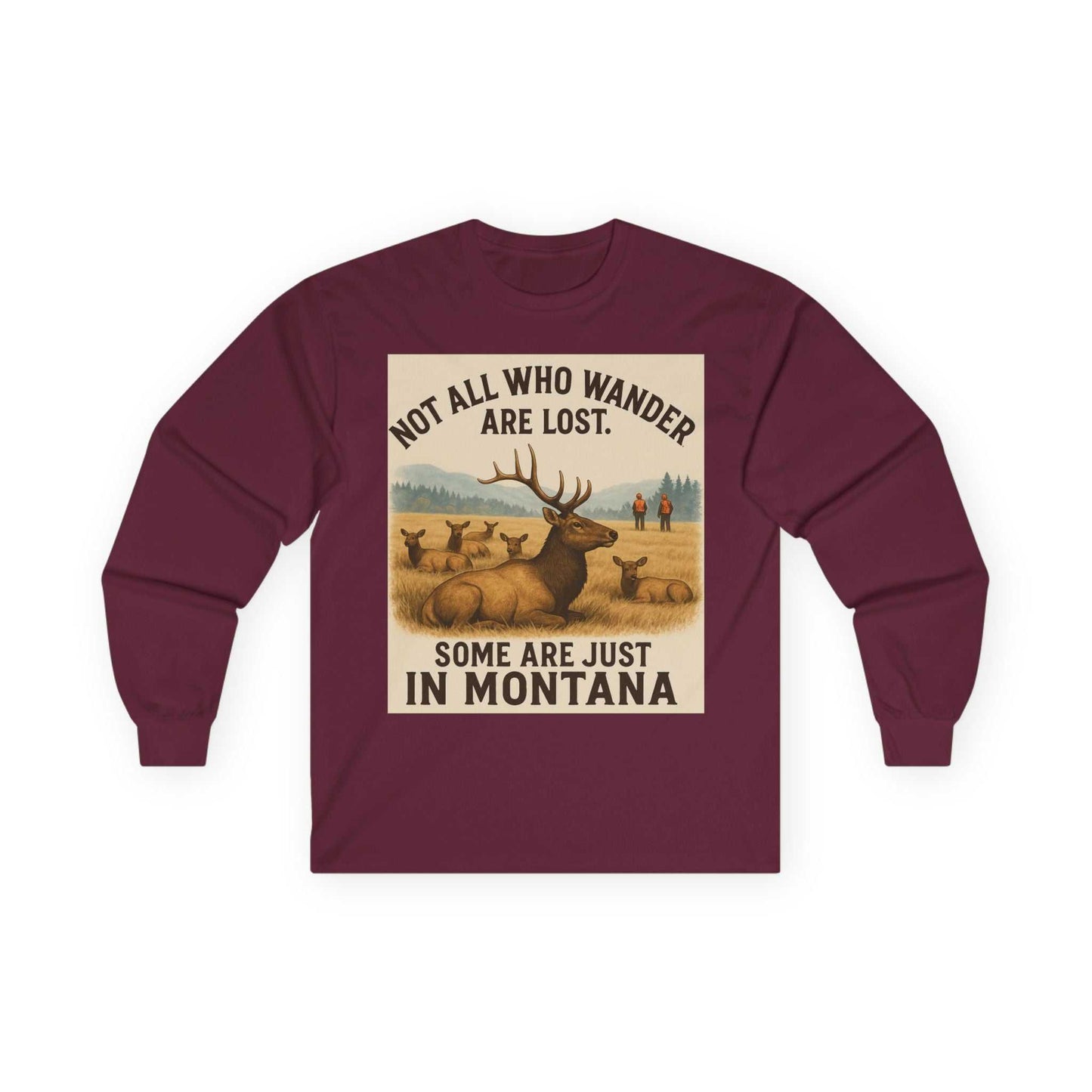 Montana Wanderlust Long Sleeve Tee featuring a mountain and deer print with quote for adventurous nature lovers.