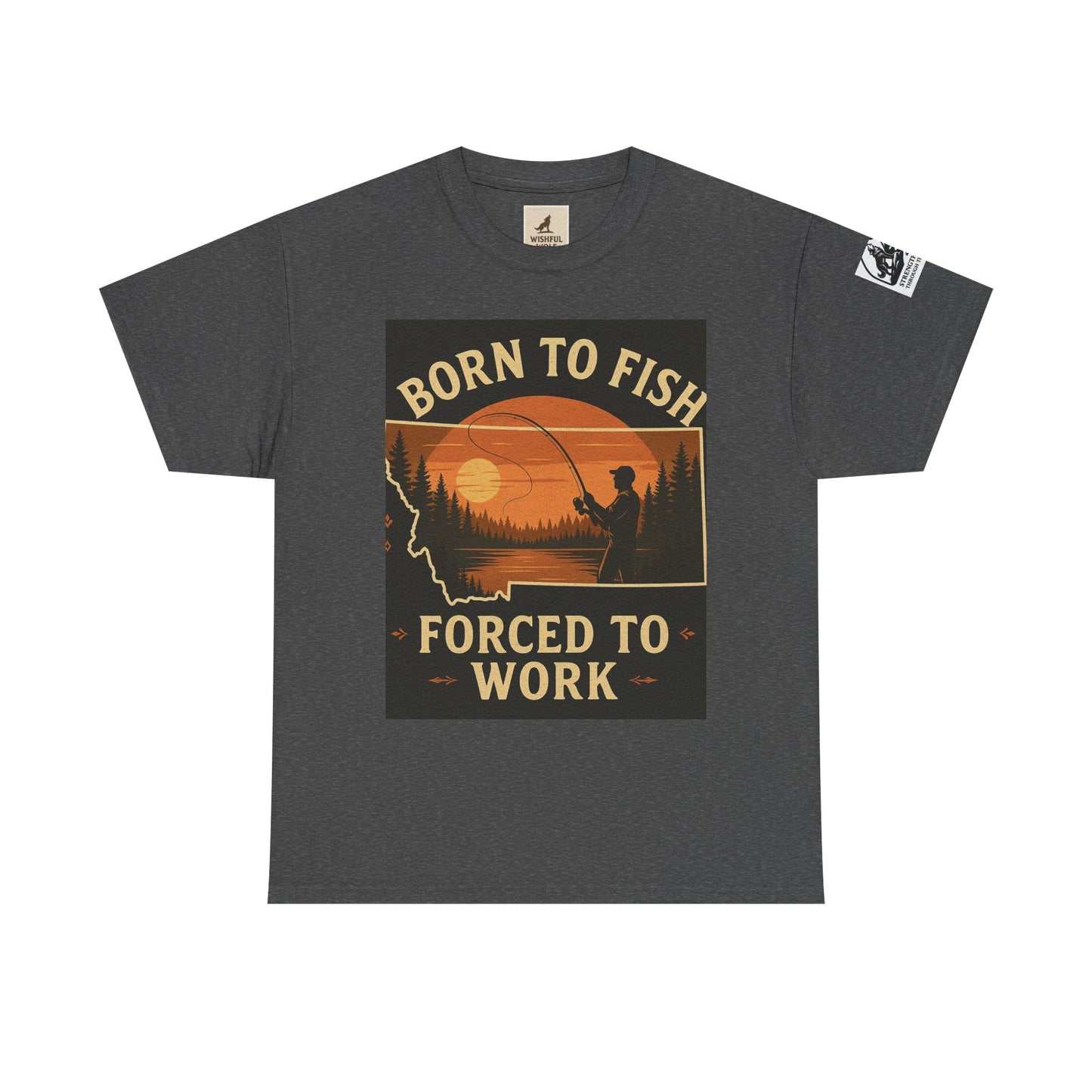 Montana Fishing Tee with "Born to Fish, Forced to Work" graphic for nature lovers.